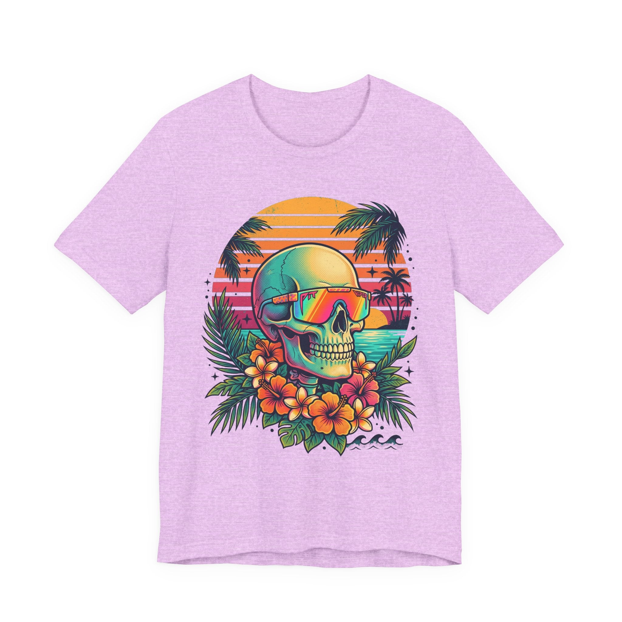Heather prism lilac T-shirt with tropical skull wearing sunglasses and floral front design