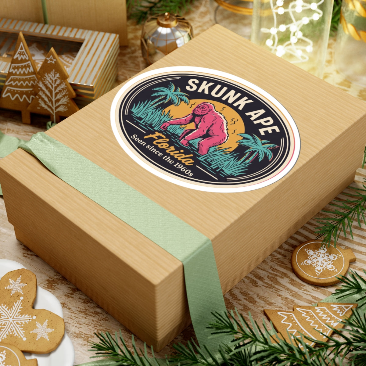 Round kiss-cut Skunk Ape Florida sticker on gift box with pink ape, palms, “Florida,” and “Seen since the 1960s”