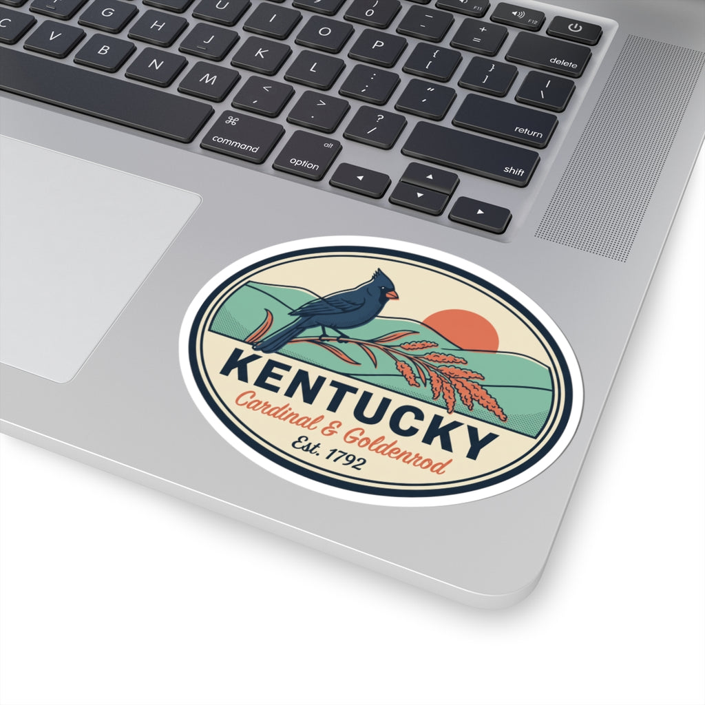 Round vinyl sticker badge showing a blue cardinal beside goldenrod and Kentucky text, Est. 1792.