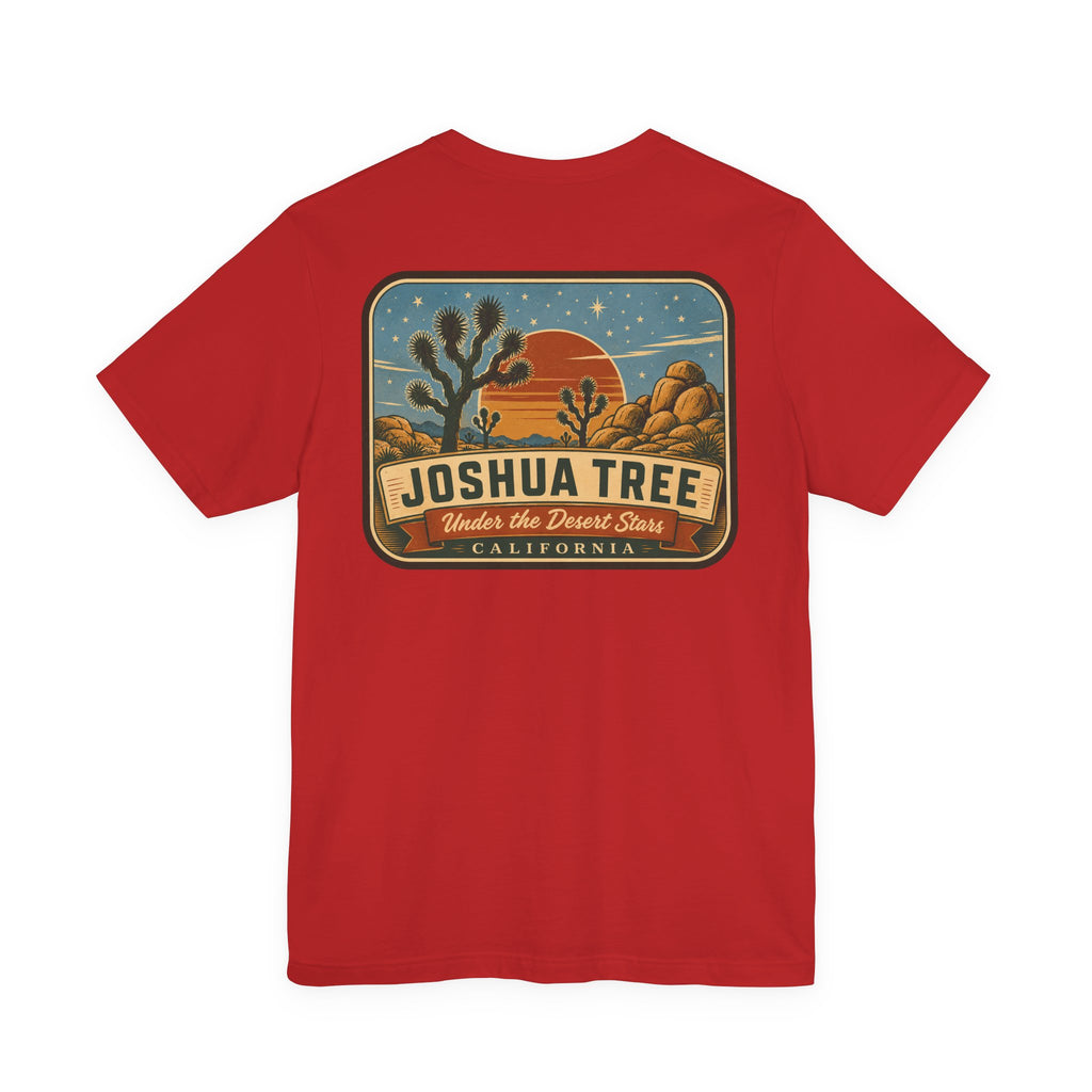 Red crew-neck t-shirt with Joshua Tree desert graphic centered on the back.