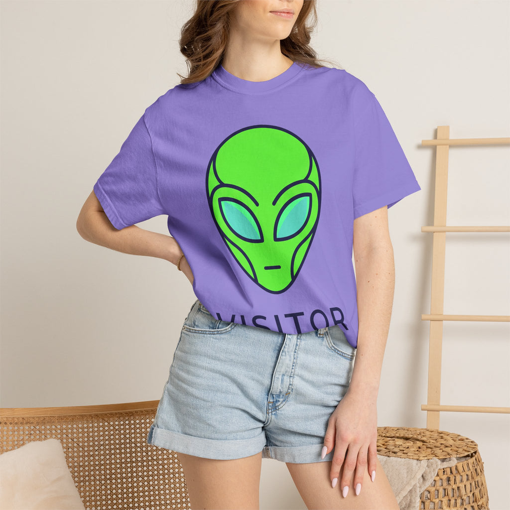 Purple crew-neck alien face graphic T-shirt with green outline, short sleeves