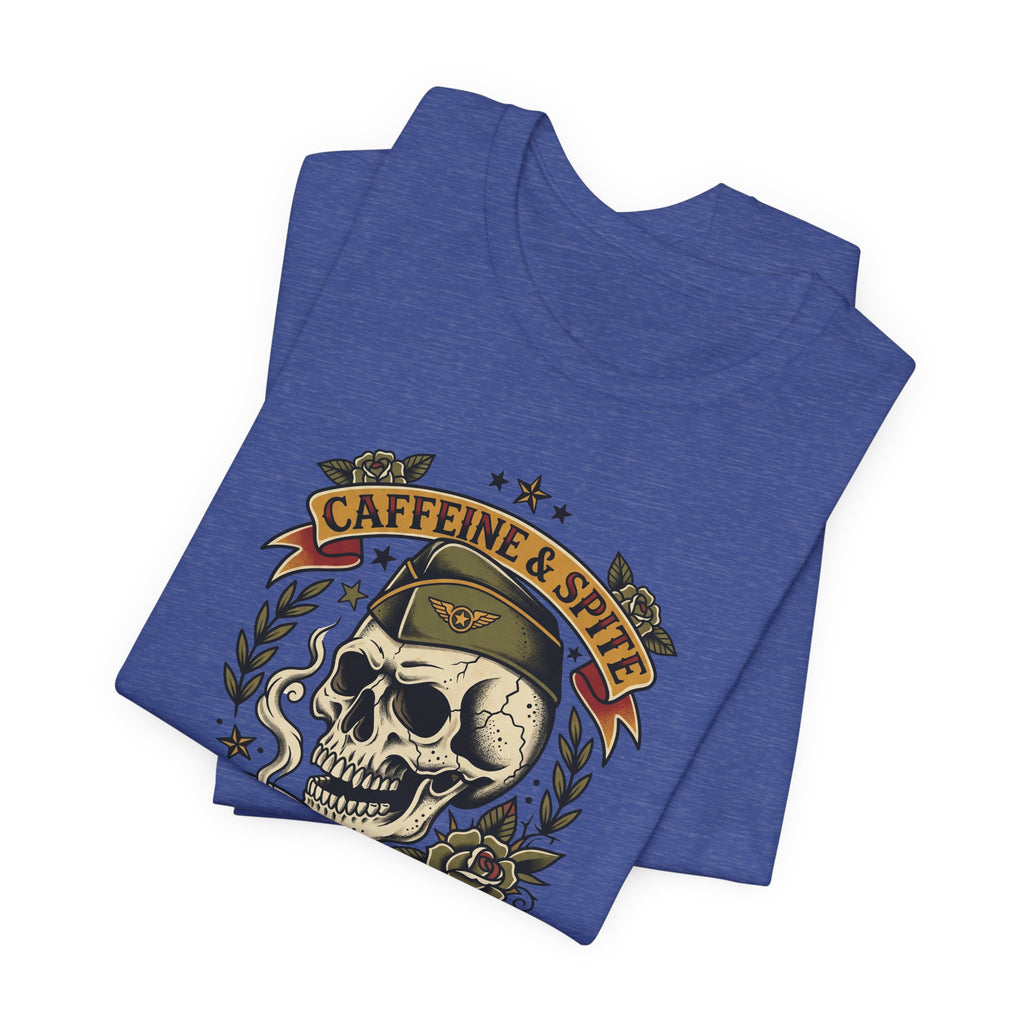 Royal blue skull graphic t-shirt front with coffee mug and roses design
