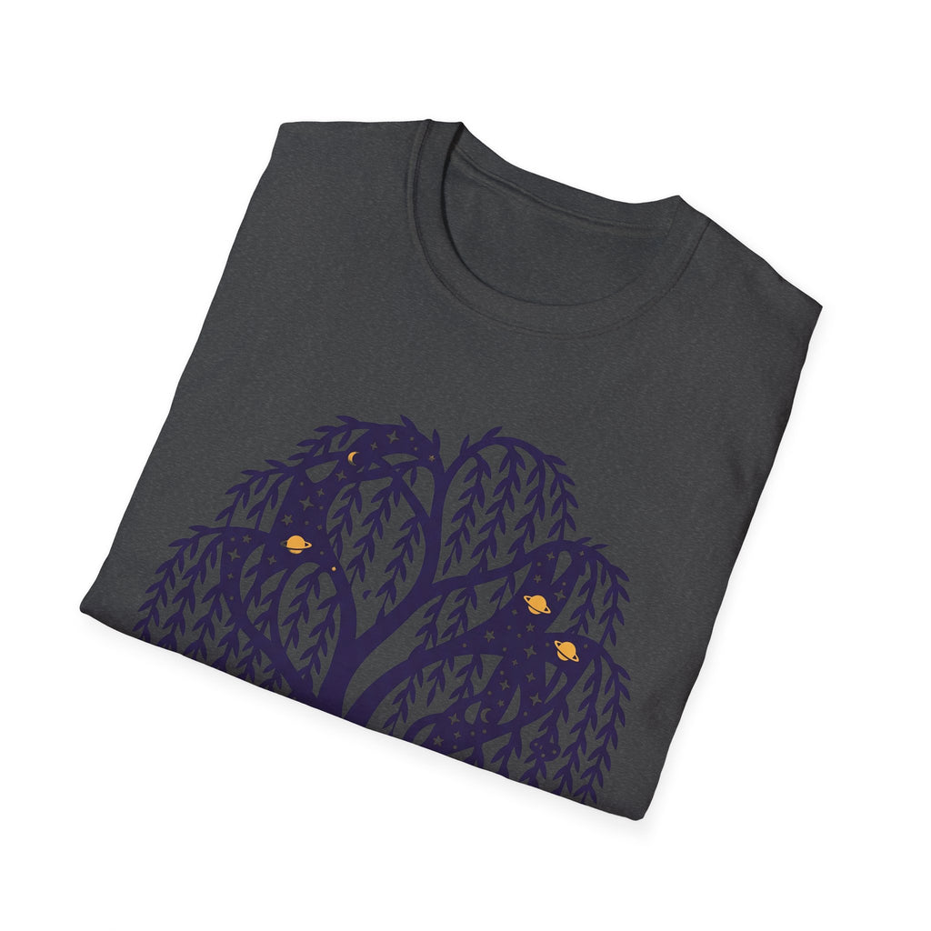 Dark gray T-shirt with owl-and-weeping-willow tree graphic on the front