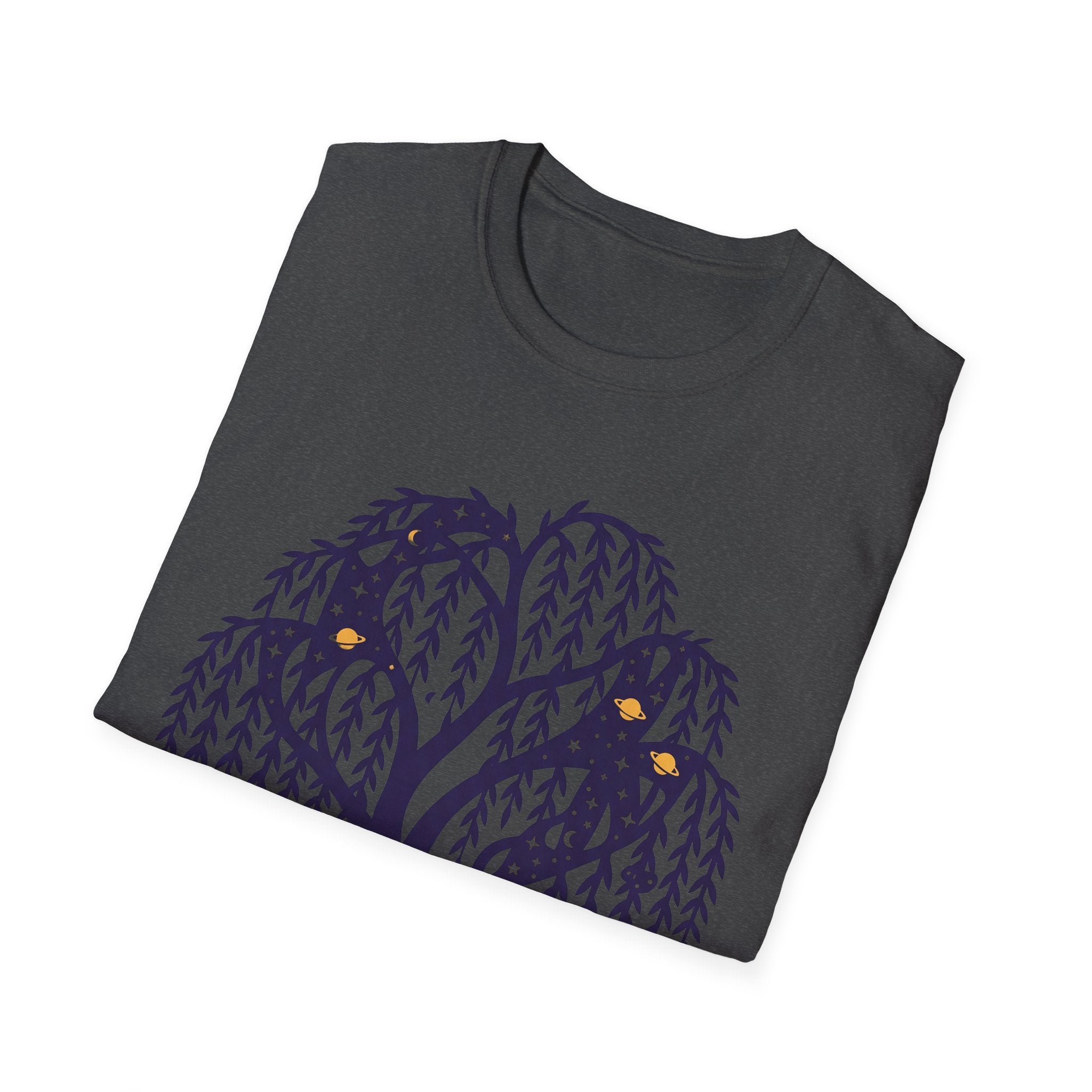 Dark gray T-shirt with owl-and-weeping-willow tree graphic on the front