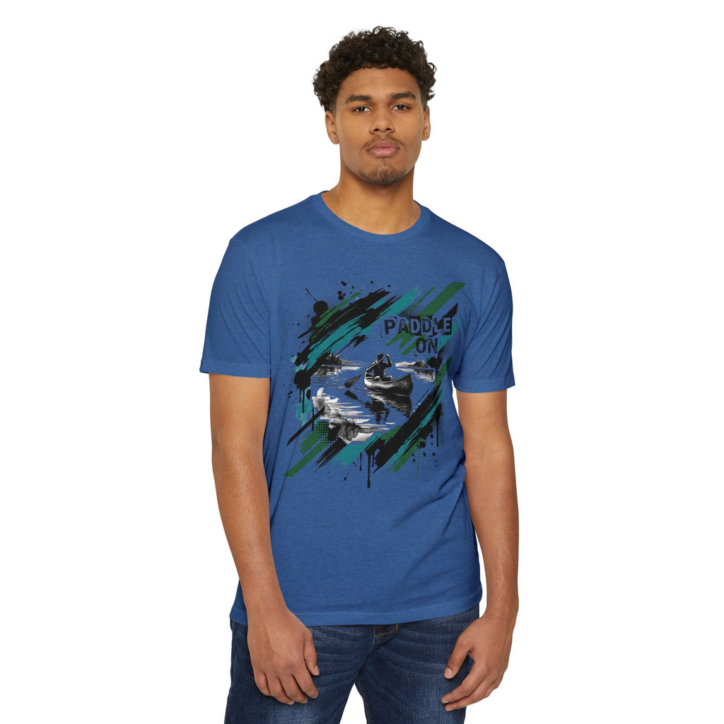 Blue unisex T-shirt with kayaking graphic and paddle-on text
