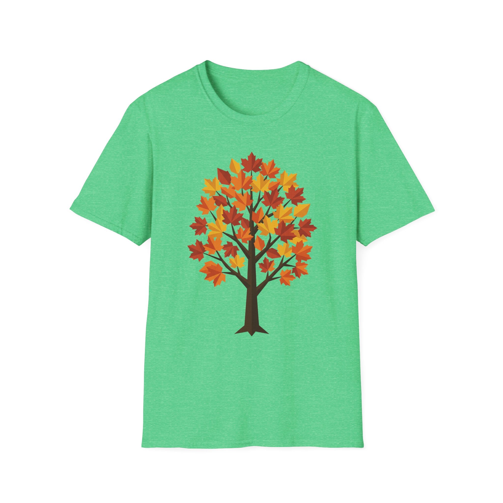 Camiseta verde lima con árbol de arce otoñal y hojas coloridas en el centro