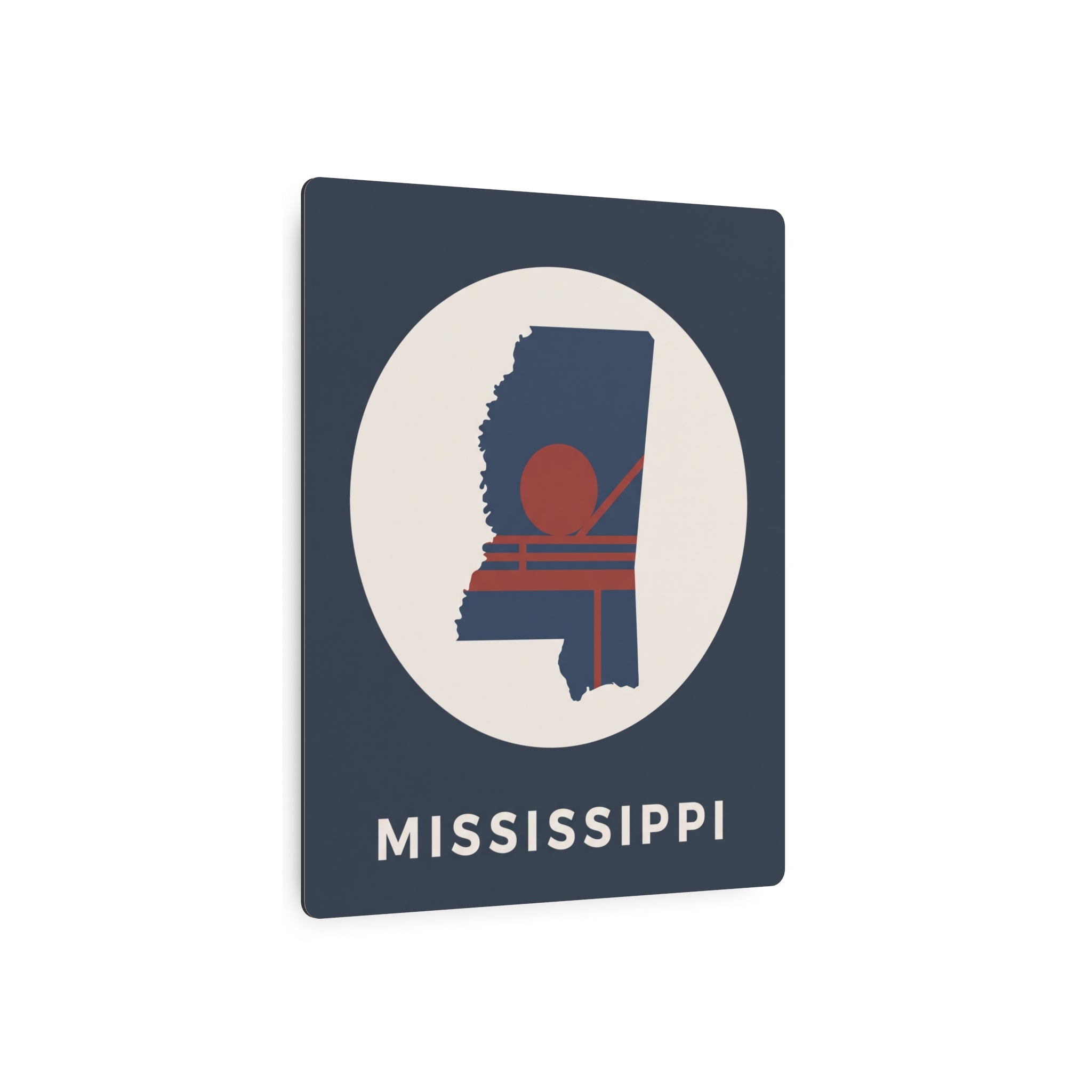 Mississippi metal art sign, square dark blue with circular silhouette and “MISSISSIPPI” lettering.