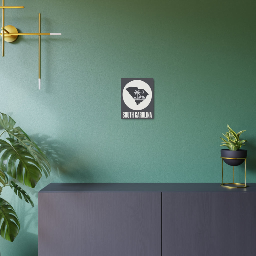 South Carolina metal wall sign, dark gray square with white circular palmetto map and “SOUTH CAROLINA”