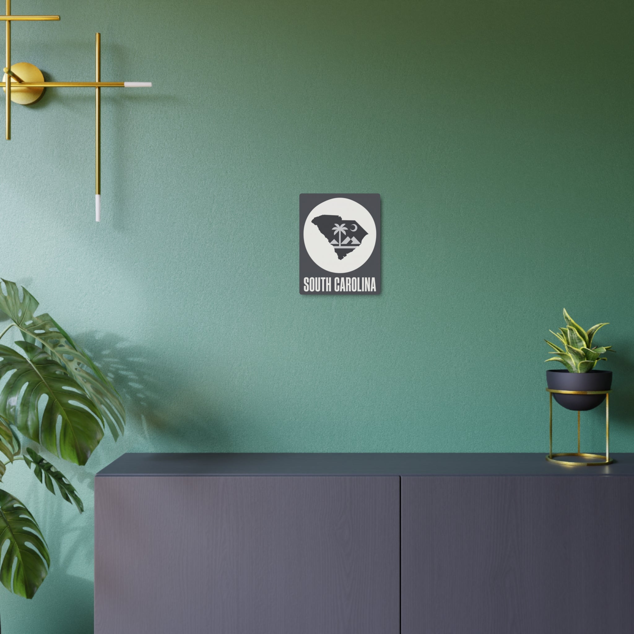 South Carolina metal wall sign, dark gray square with white circular palmetto map and “SOUTH CAROLINA”