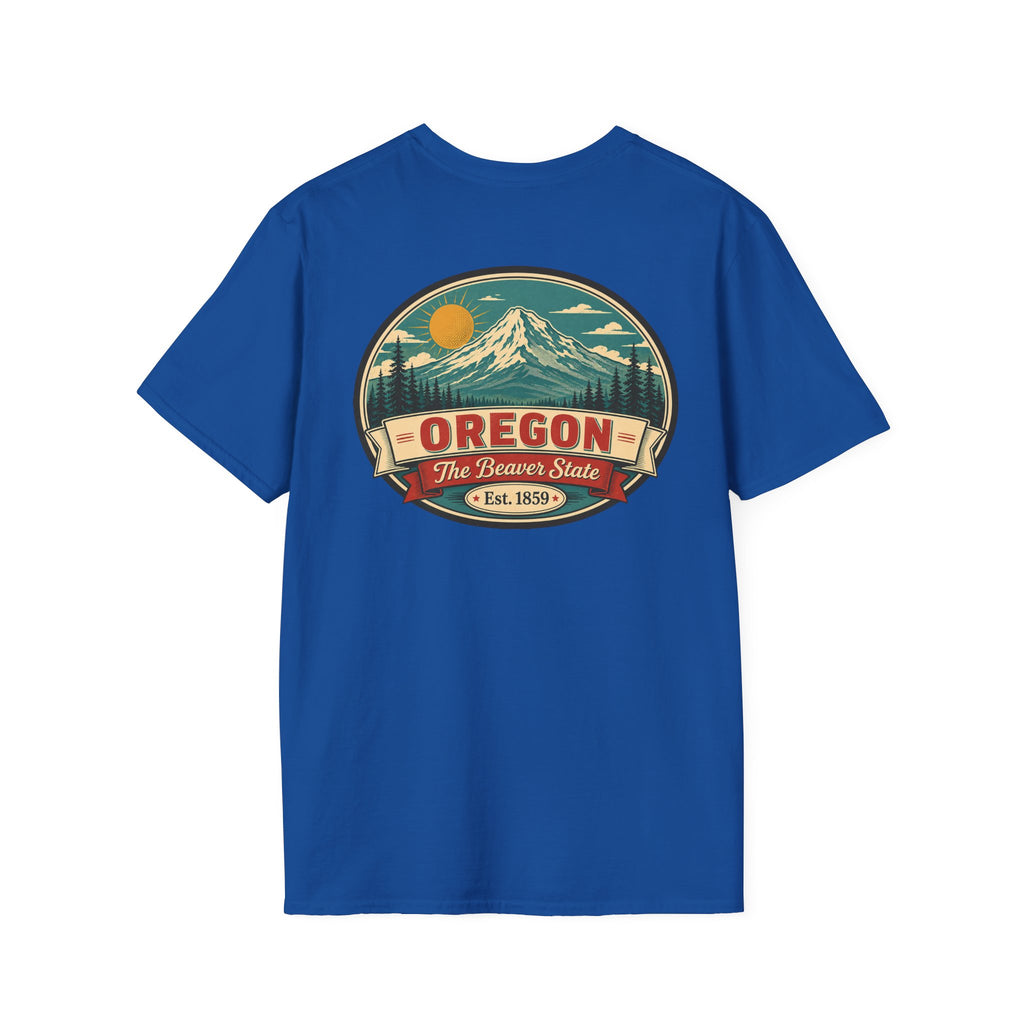 Oregon mountain graphic T-shirt, royal blue crew neck with circular Beaver State logo