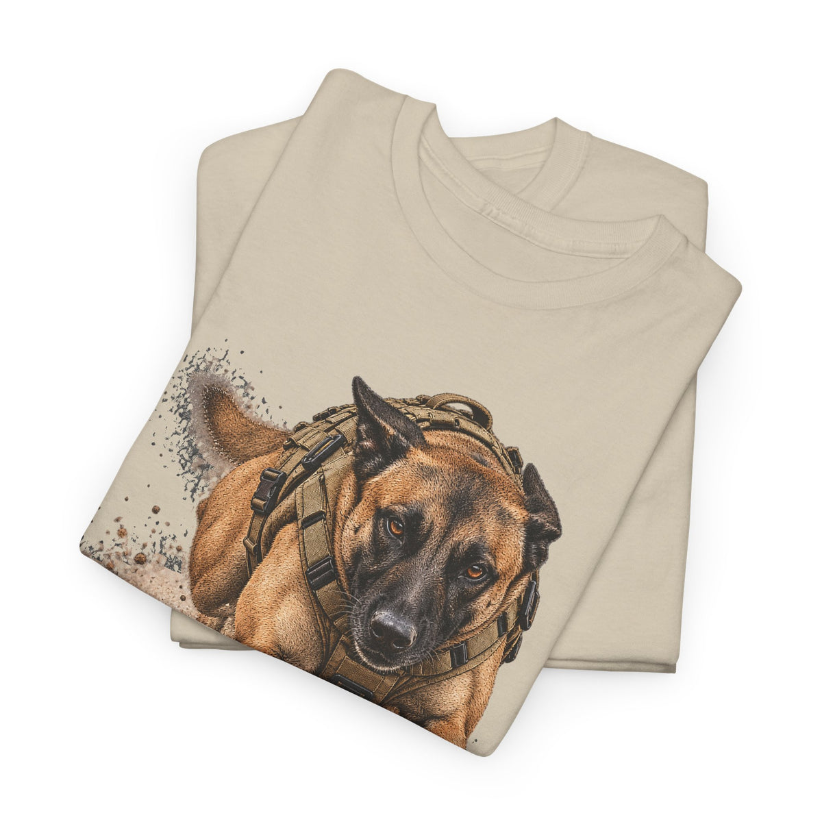 Sand crew-neck T-shirt with Belgian Malinois K9 dog graphic, short sleeves