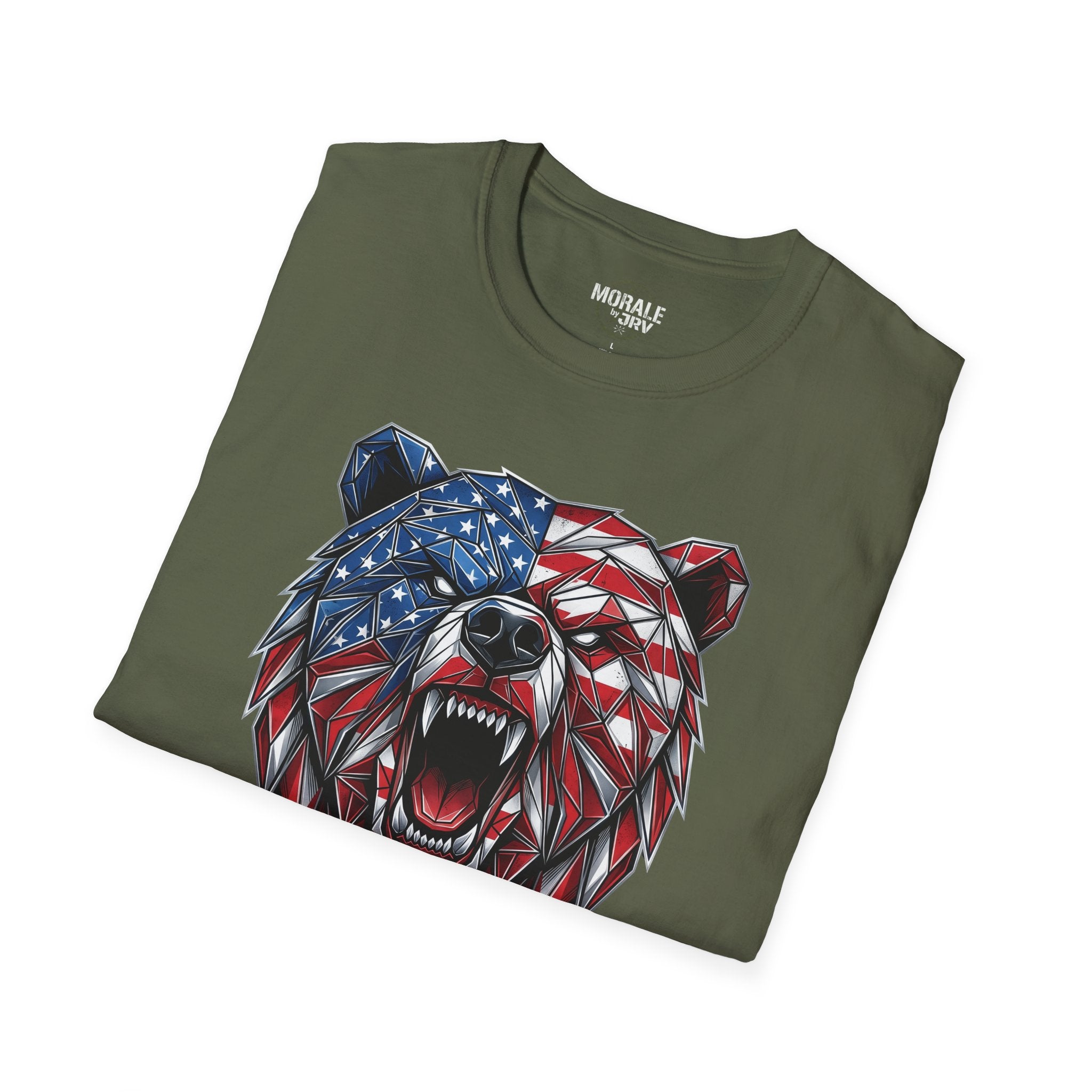 Military green T-shirt front view with geometric American flag bear head graphic