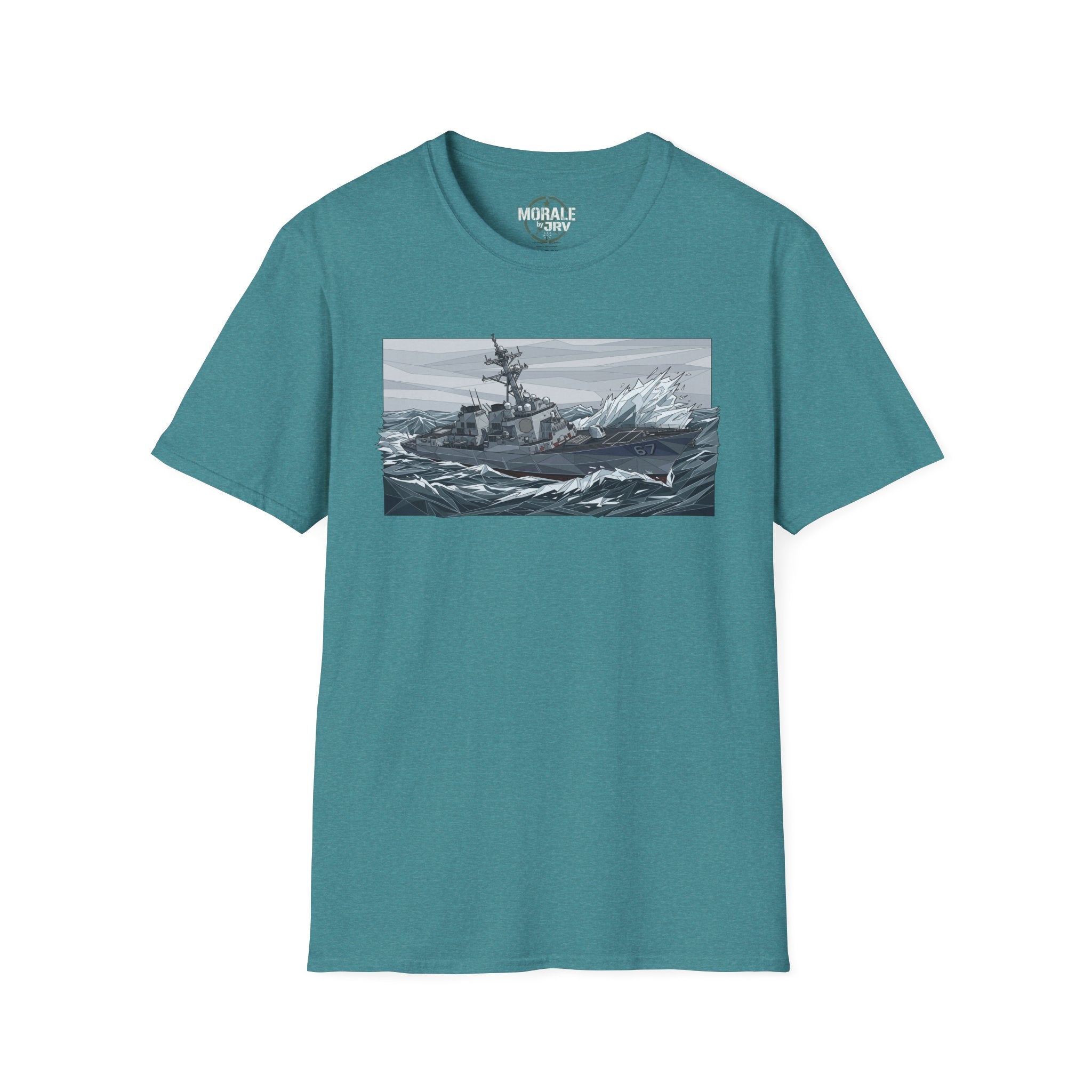 Teal T-shirt with battleship stormy sea graphic on the front