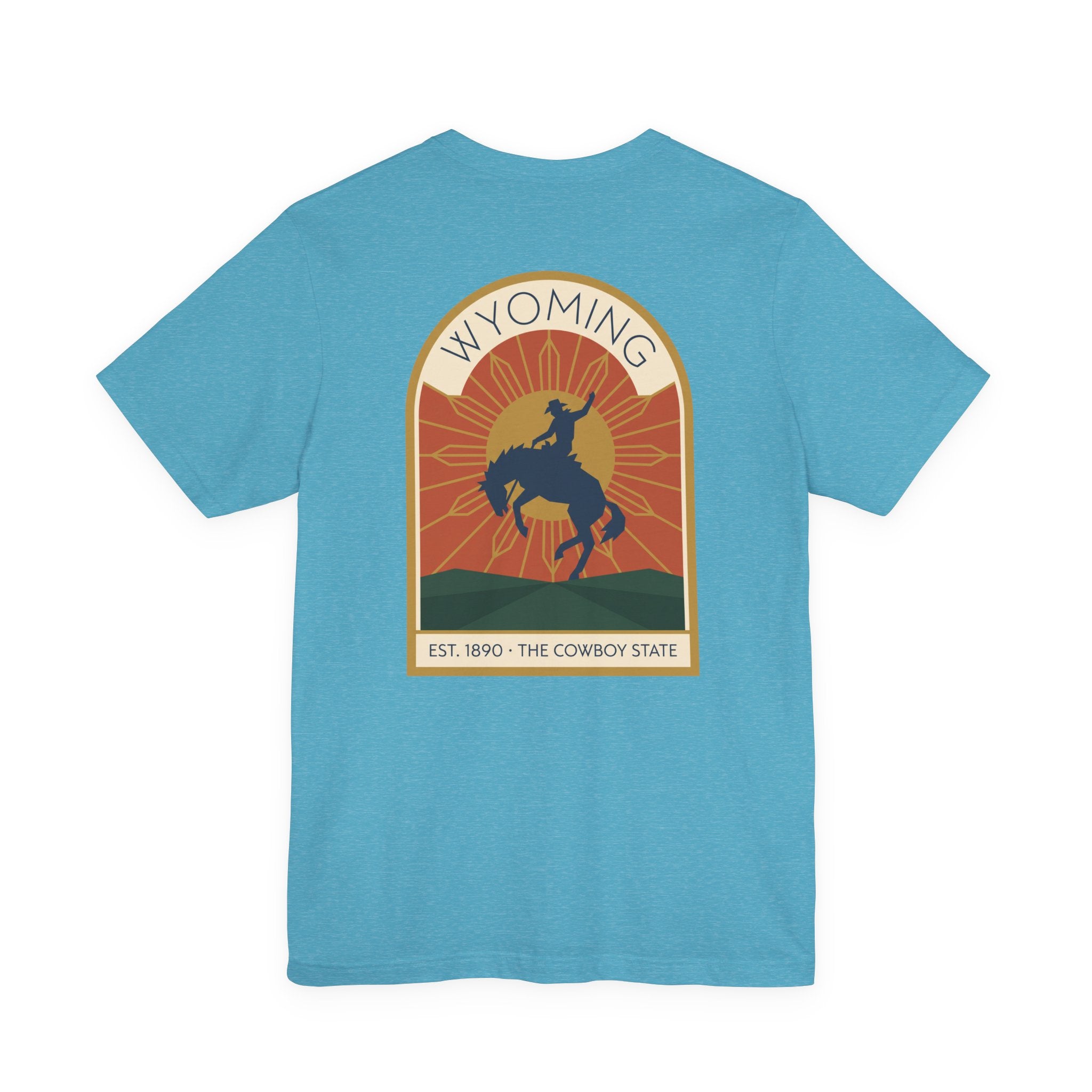 Heather aqua T-shirt with Wyoming rodeo bucking bronco graphic on front