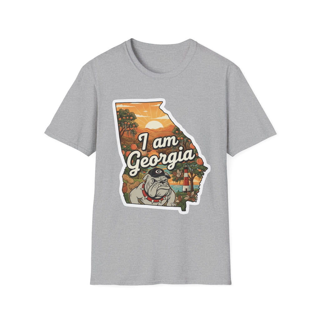 Sport grey T-shirt with “I am Georgia” bulldog state map sunset graphic
