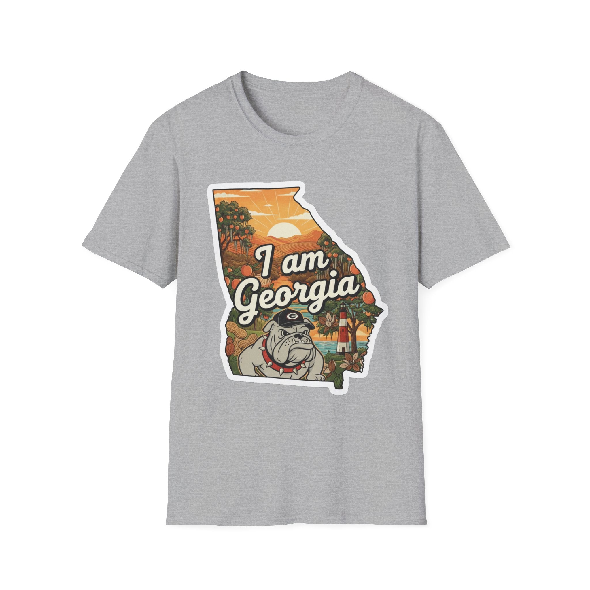 Sport grey T-shirt with “I am Georgia” bulldog state map sunset graphic