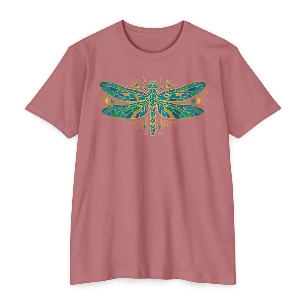 Green mosaic dragonfly graphic T-shirt, short-sleeve crewneck in dusty rose