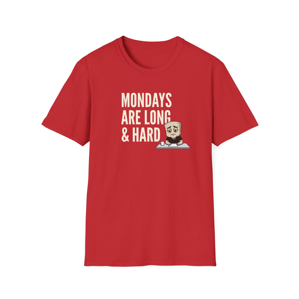 Red T-shirt with “MONDAYS ARE LONG & HARD” graphic and cartoon coffee mug