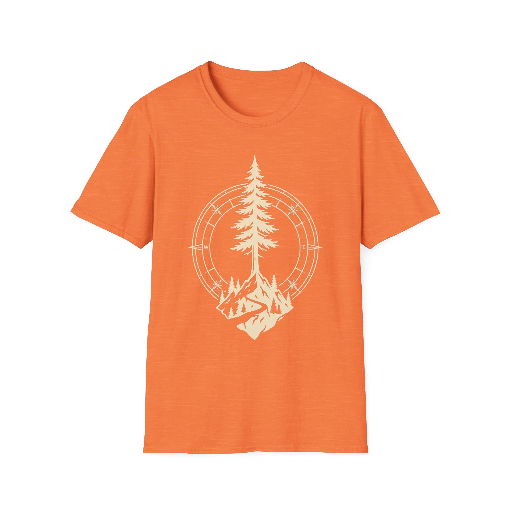 Orange T-shirt with pine tree compass graphic on the front, crew neck