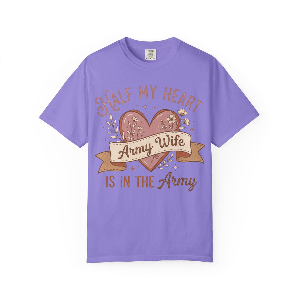 Purple T-shirt with “Half My Heart” and “Army Wife” heart graphic
