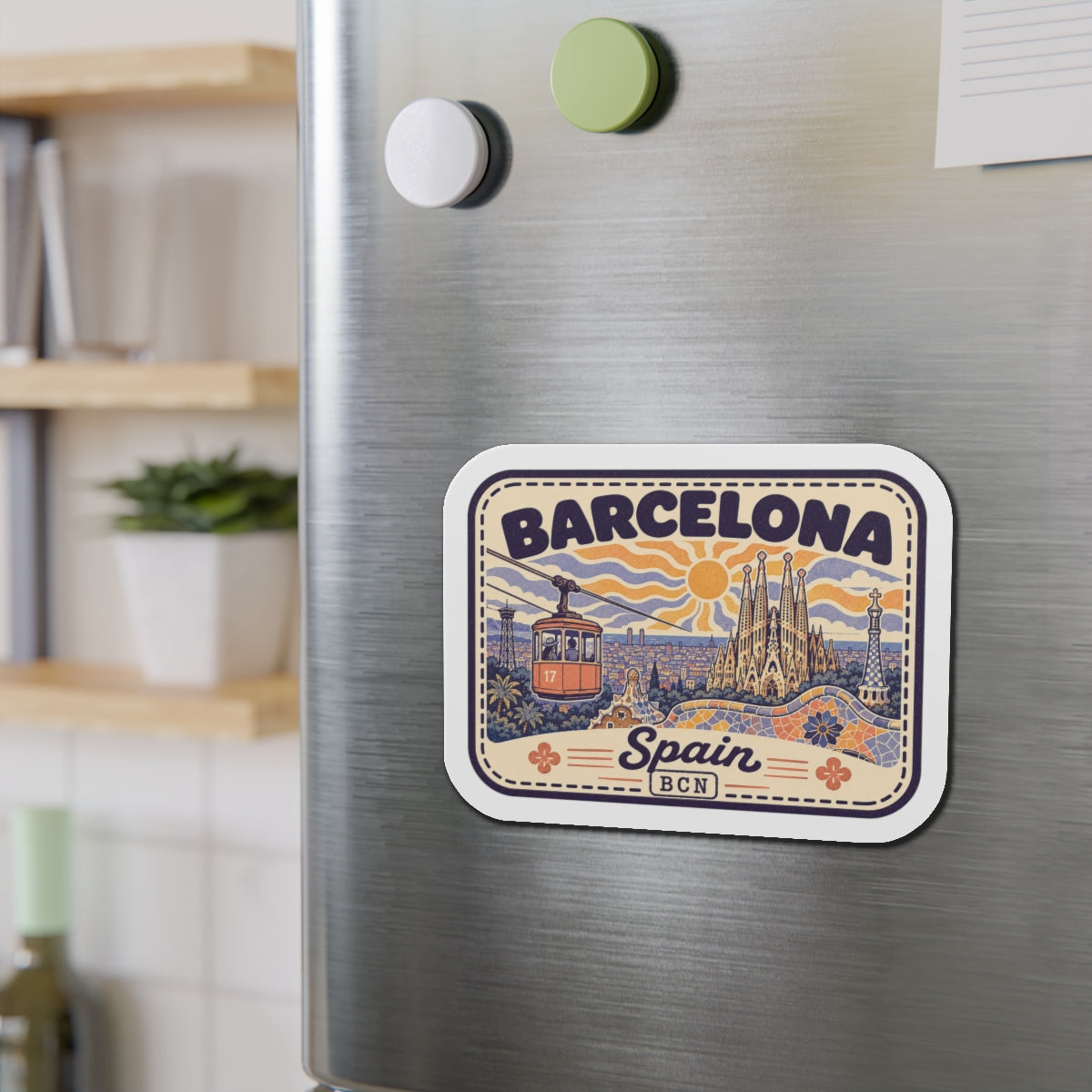 Die-cut Barcelona Spain magnet sticker with sun, wavy hills, and Sagrada Familia