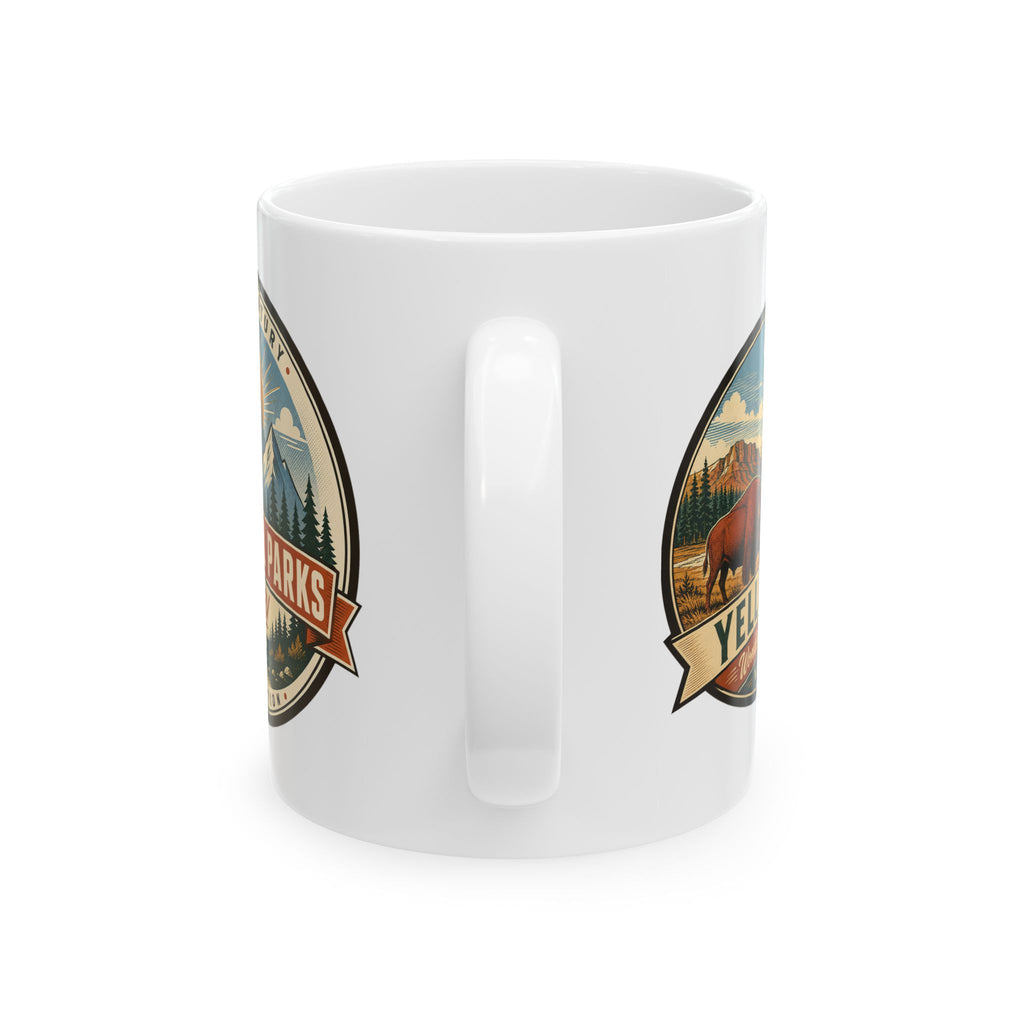 White ceramic mug with two side badge graphics and a central molded handle grip