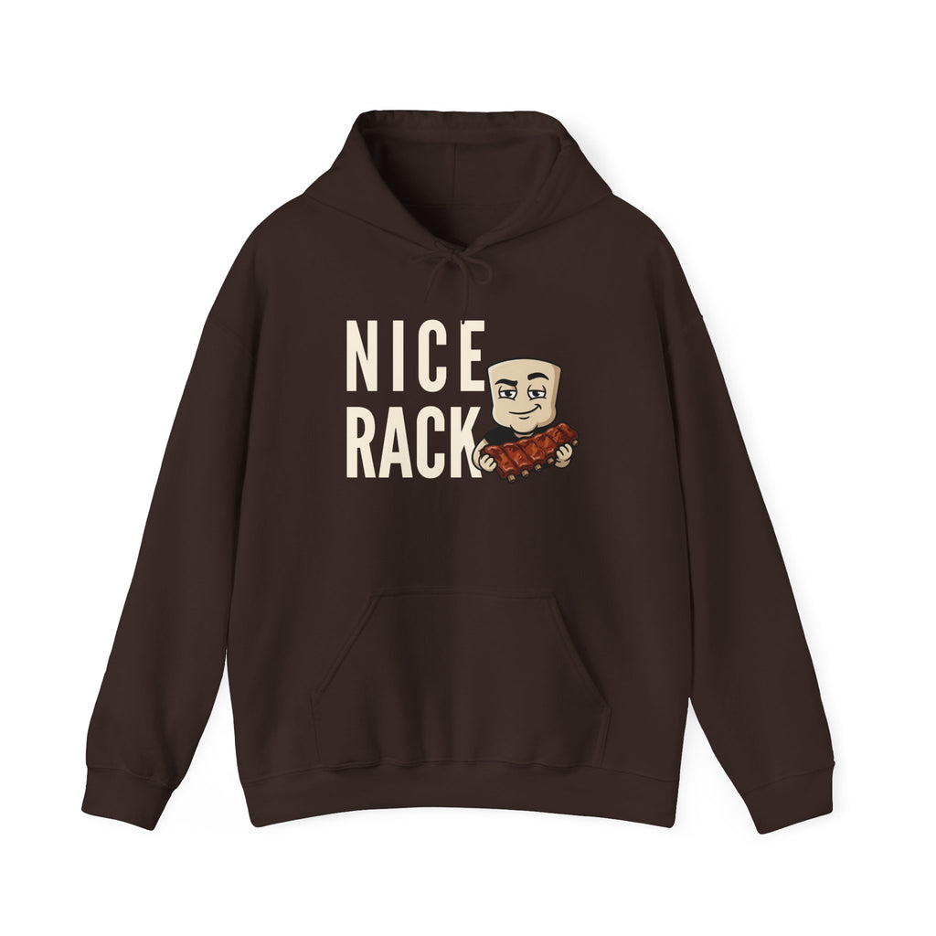 Dark brown hoodie with kangaroo pocket, drawstring hood, and bold rib graphic on chest.