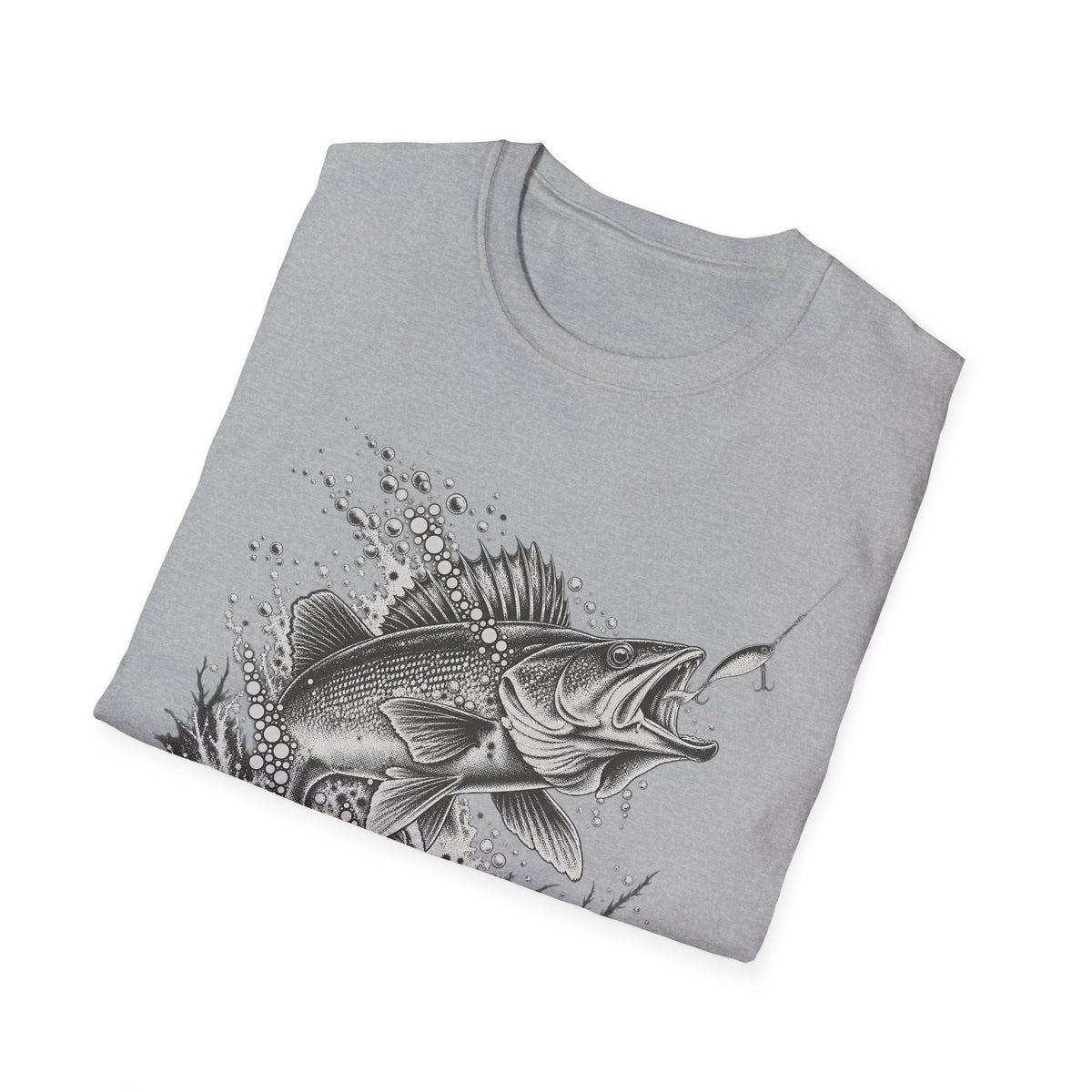 Sport grey fishing walleye graphic T-shirt with leaping fish and splash bubbles