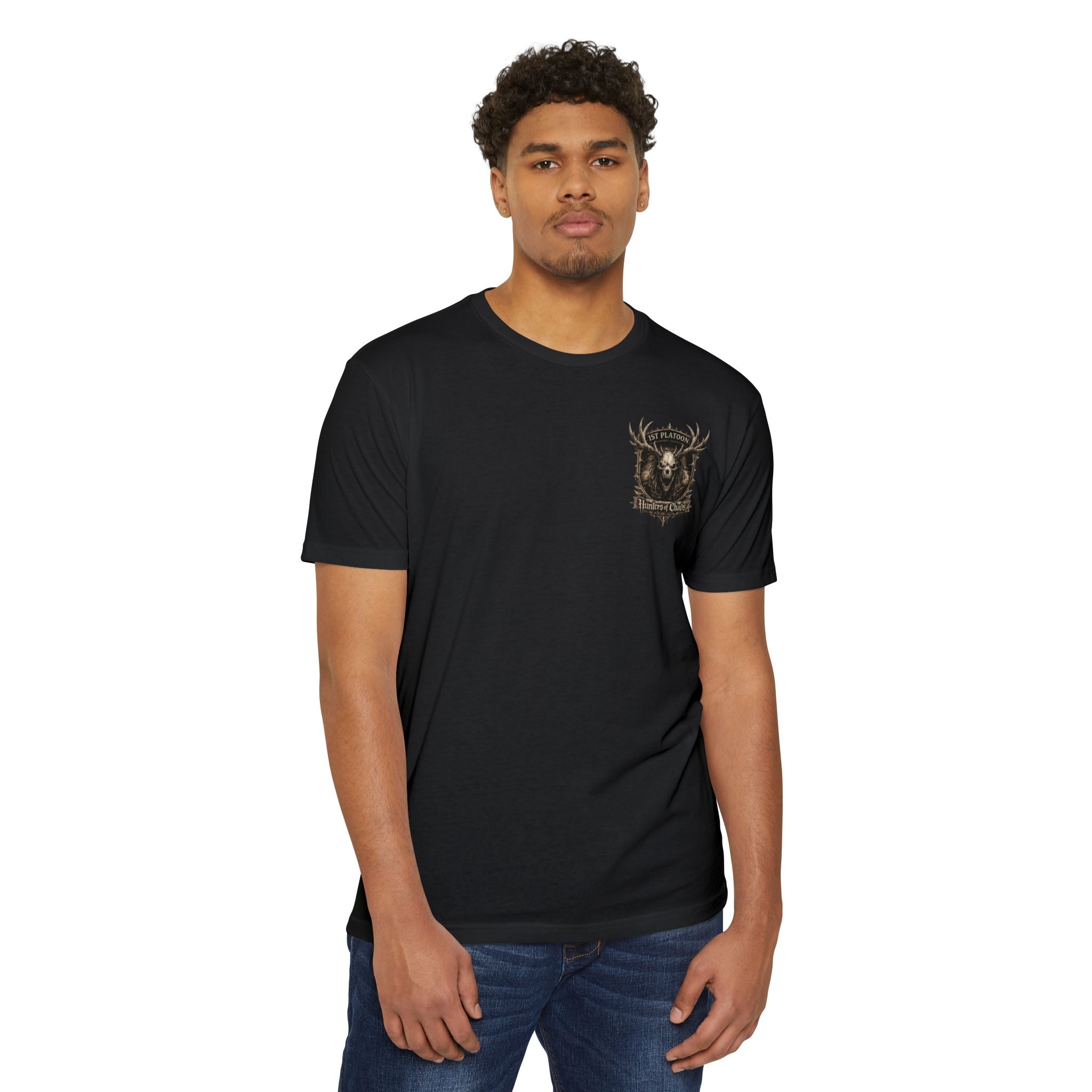 Black crewneck T-shirt with deer-antler emblem graphic on left chest.
