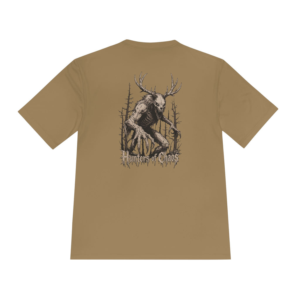 Coyote brown T-shirt with large back graphic of deer and text Hunters of Chaos