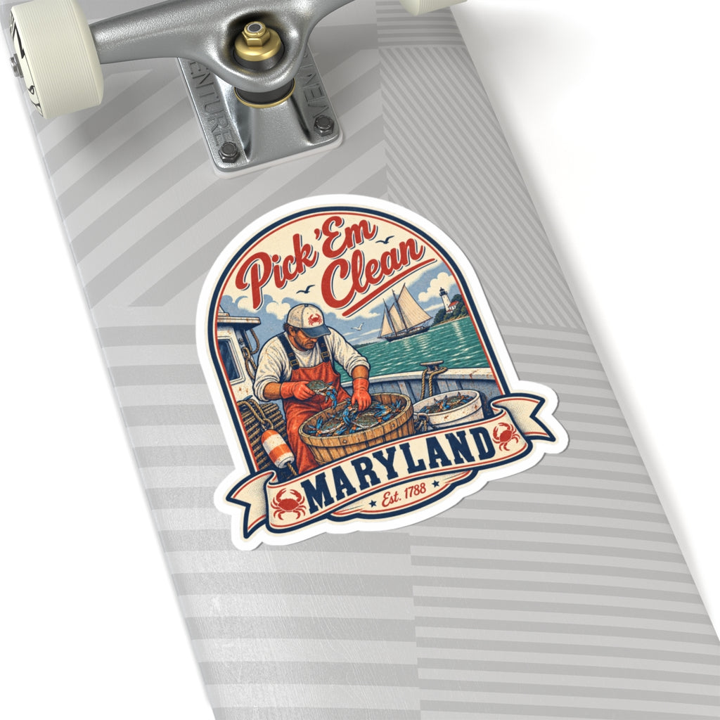 Maryland nautical sticker on striped luggage tag, “Pick ’Em Clean” crab shucking design.