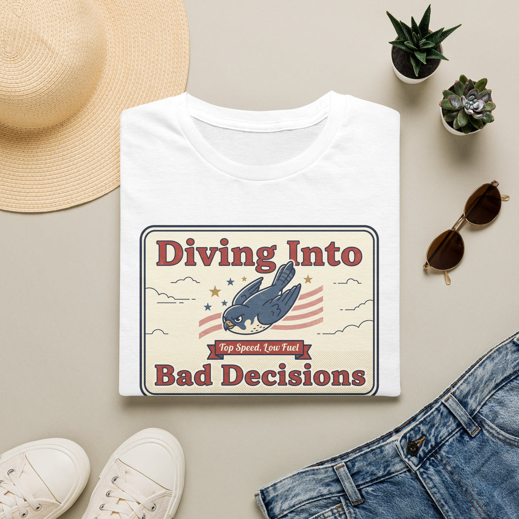 White T-shirt with retro shark graphic and "Diving Into Bad Decisions" text.