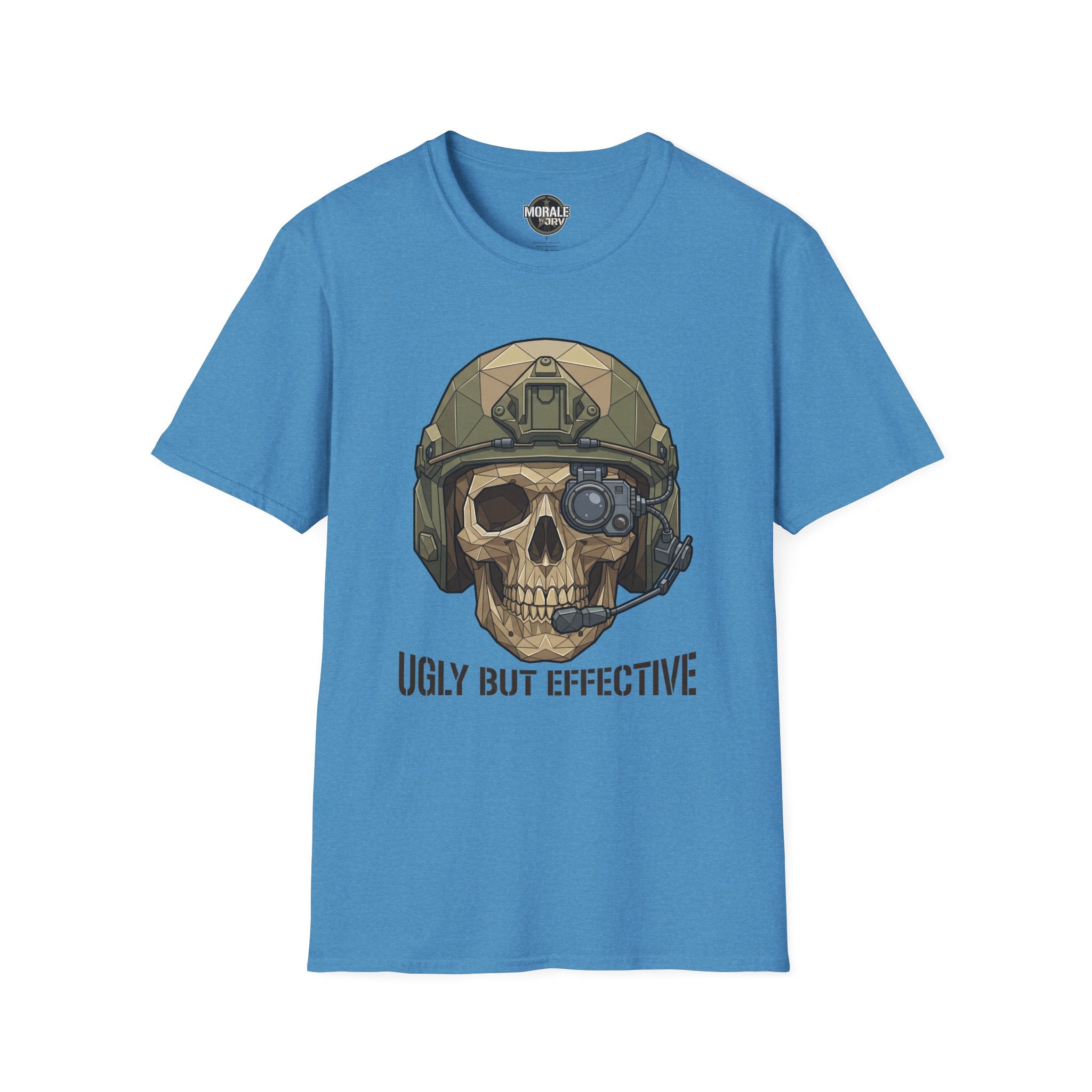 Blaues T-Shirt mit Totenkopf im taktischen Helm und „Ugly But Effective“ Print