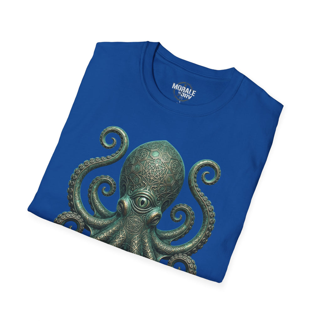 Royal blue t-shirt with green octopus and tentacles graphic