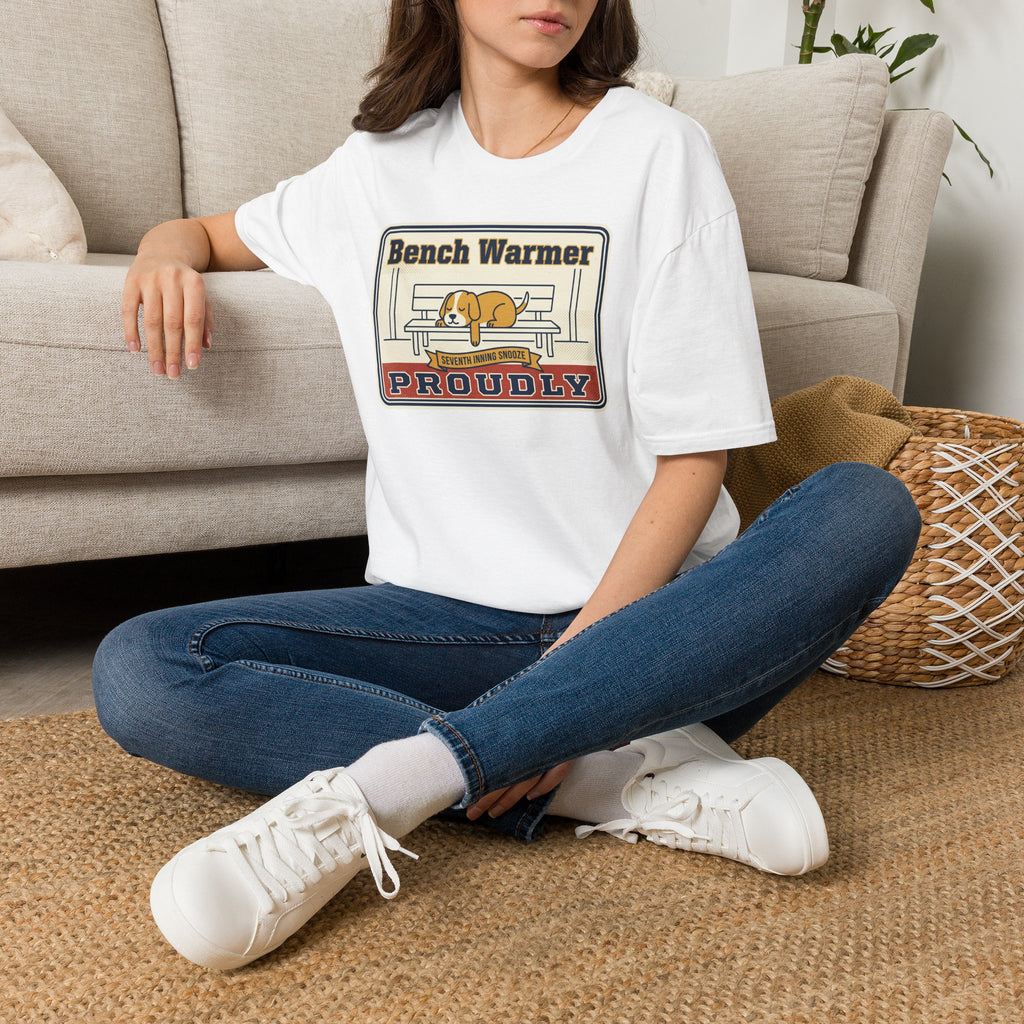 White crew-neck T-shirt with Bench Warmer dog graphic on the chest