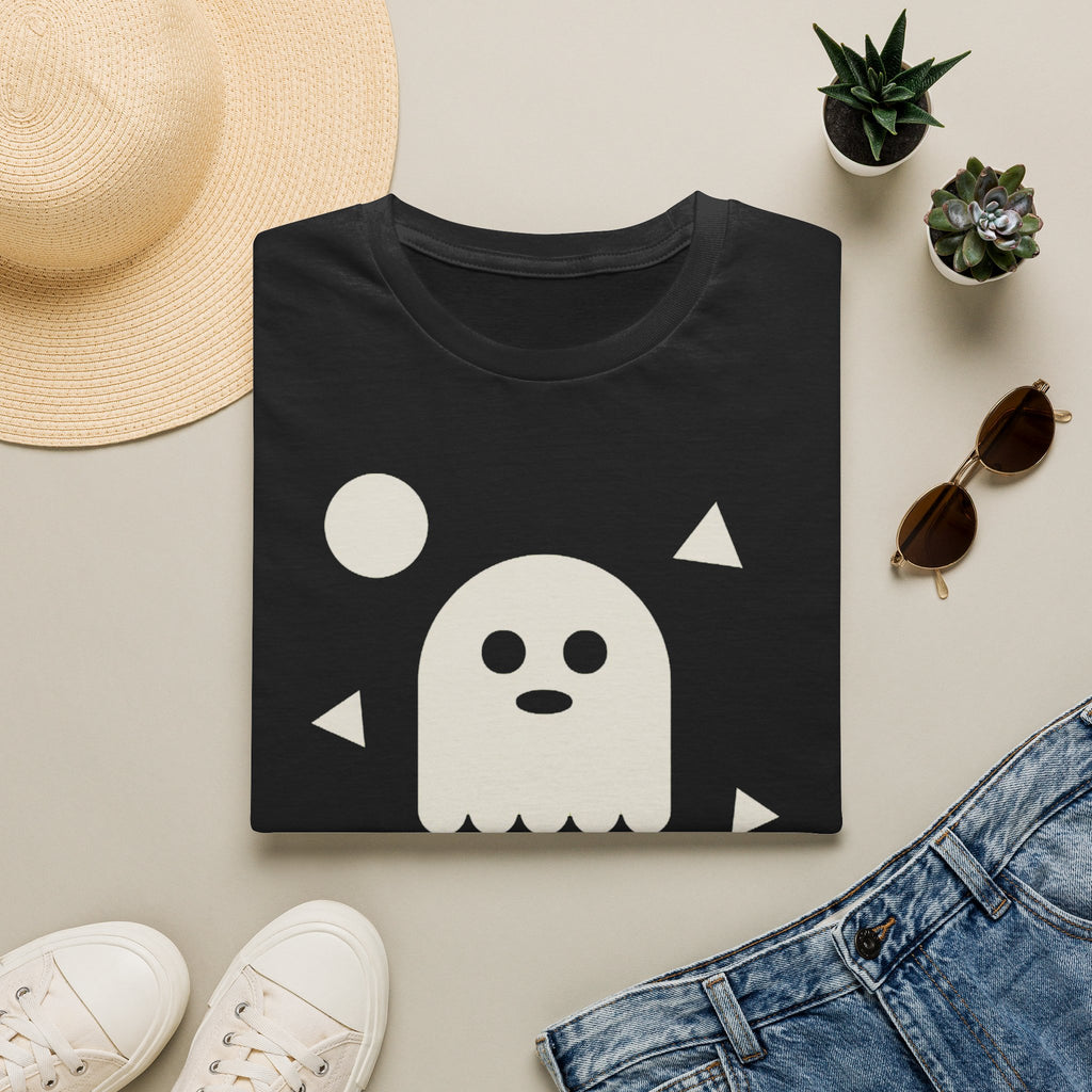 Black T-shirt with white ghost face graphic and small triangle accents on front