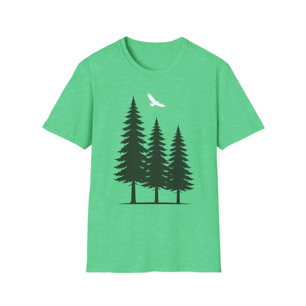 Forest nature T-shirt in bright green with pine trees graphic and flying bird