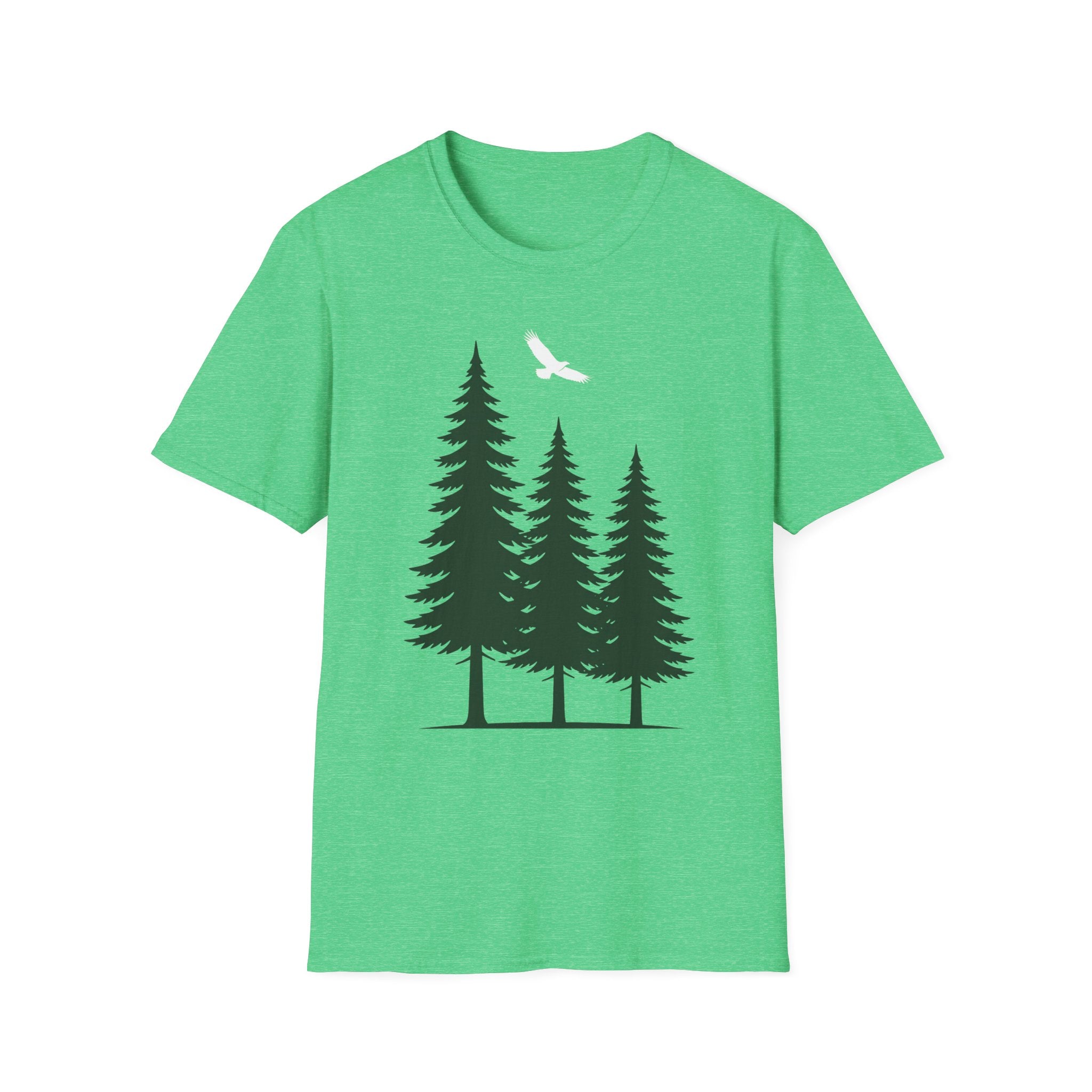 Forest nature T-shirt in bright green with pine trees graphic and flying bird