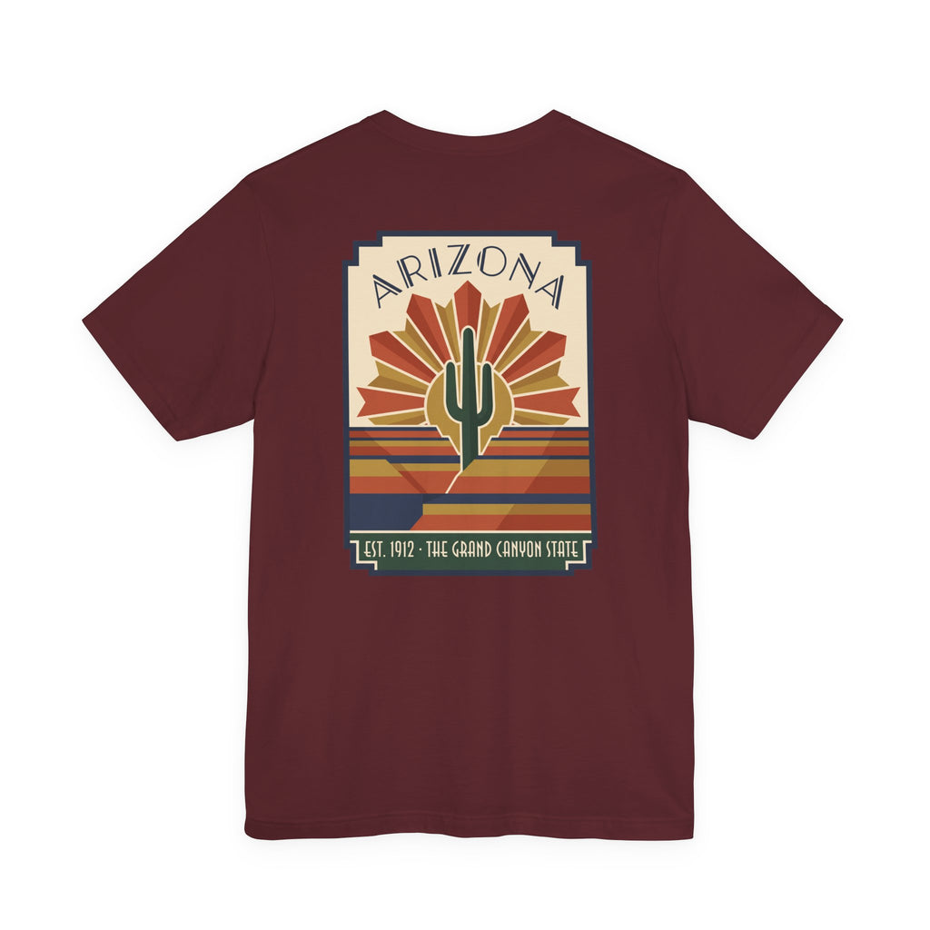 Maroon T-shirt with framed art deco cactus graphic on the chest.