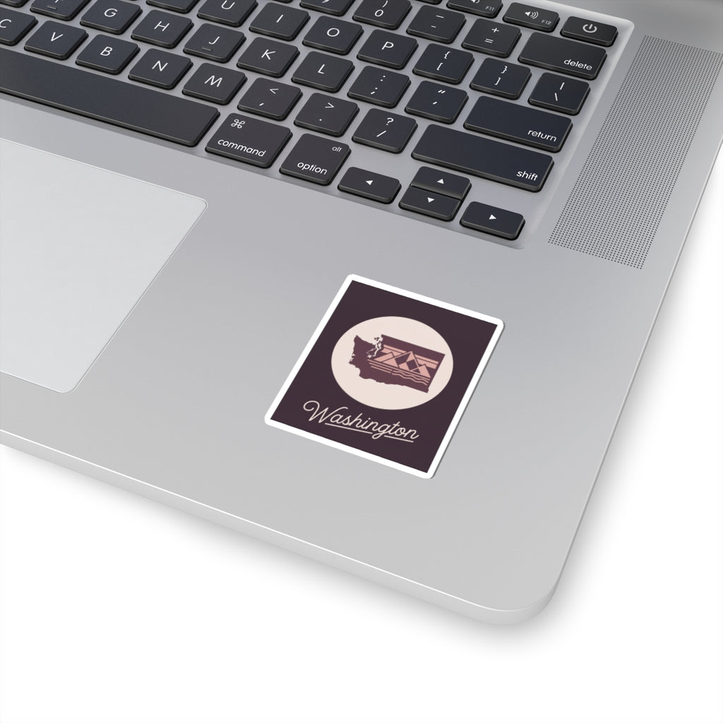 Washington State square kiss-cut decal with maroon border and Washington lettering