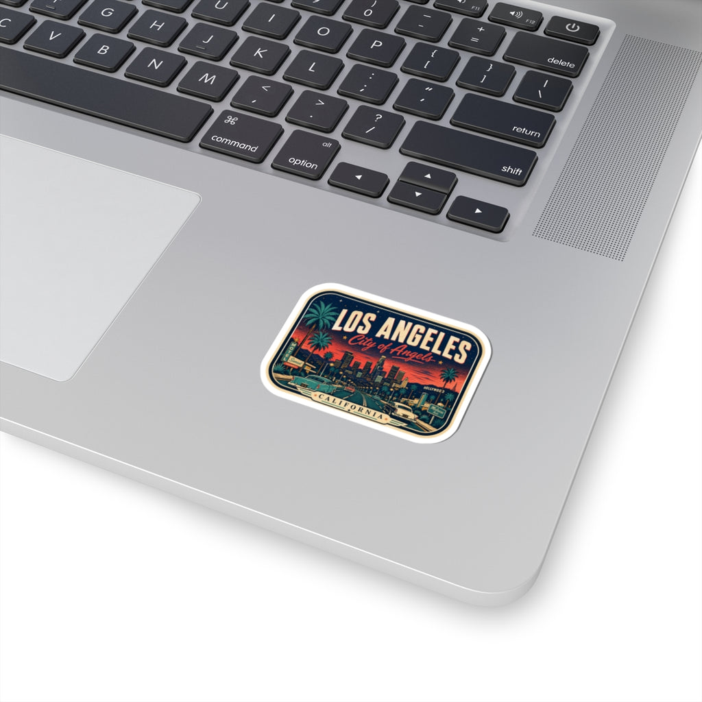 Rectangular Los Angeles luggage tag sticker with retro city skyline and border