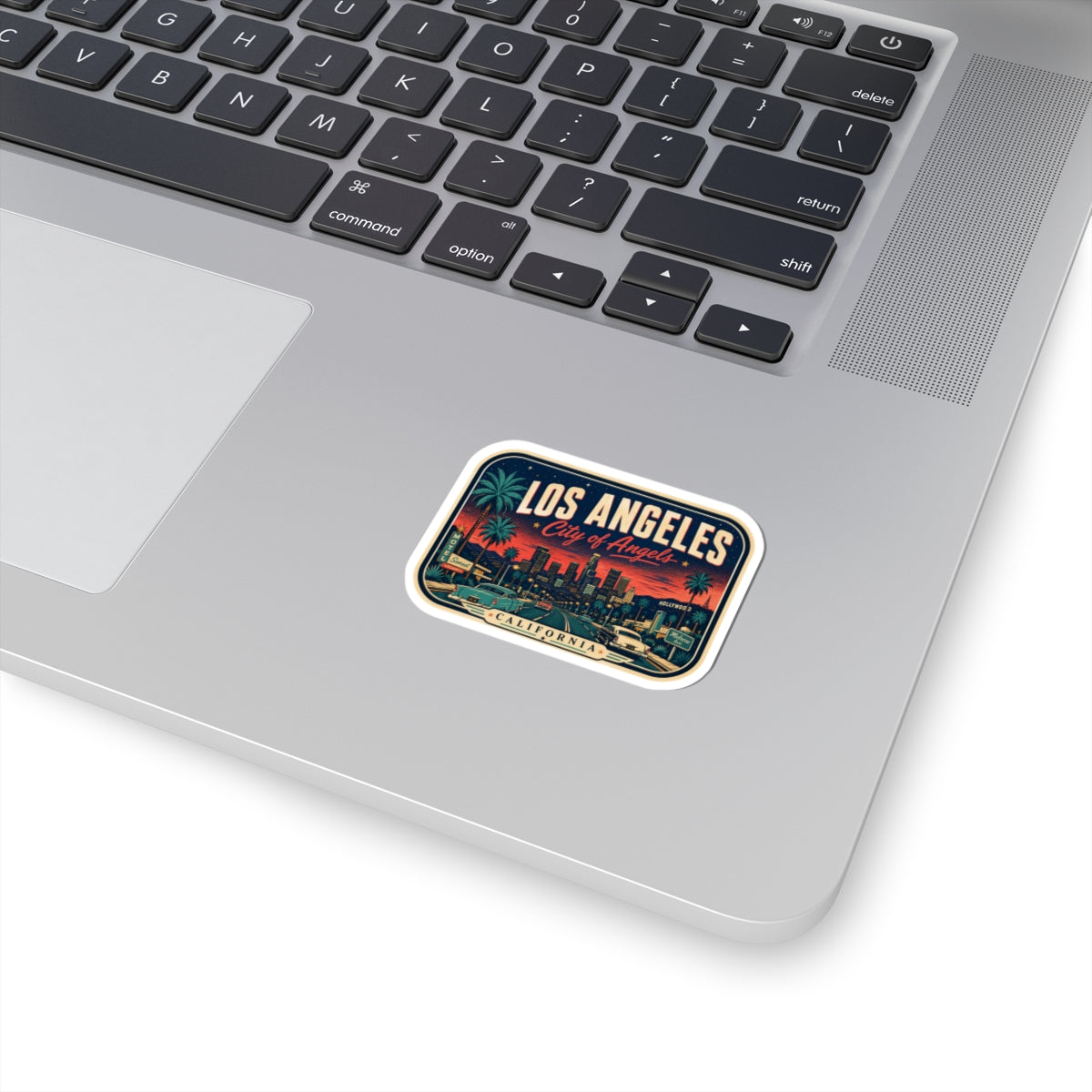 Rectangular Los Angeles luggage tag sticker with retro city skyline and border