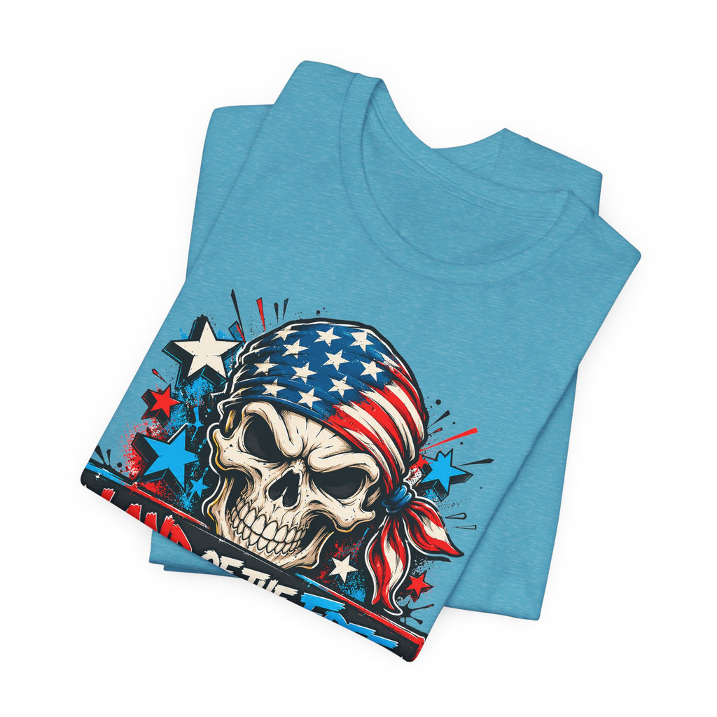 Aqua crew-neck T-shirt with patriotic skull graphic and stars on front.