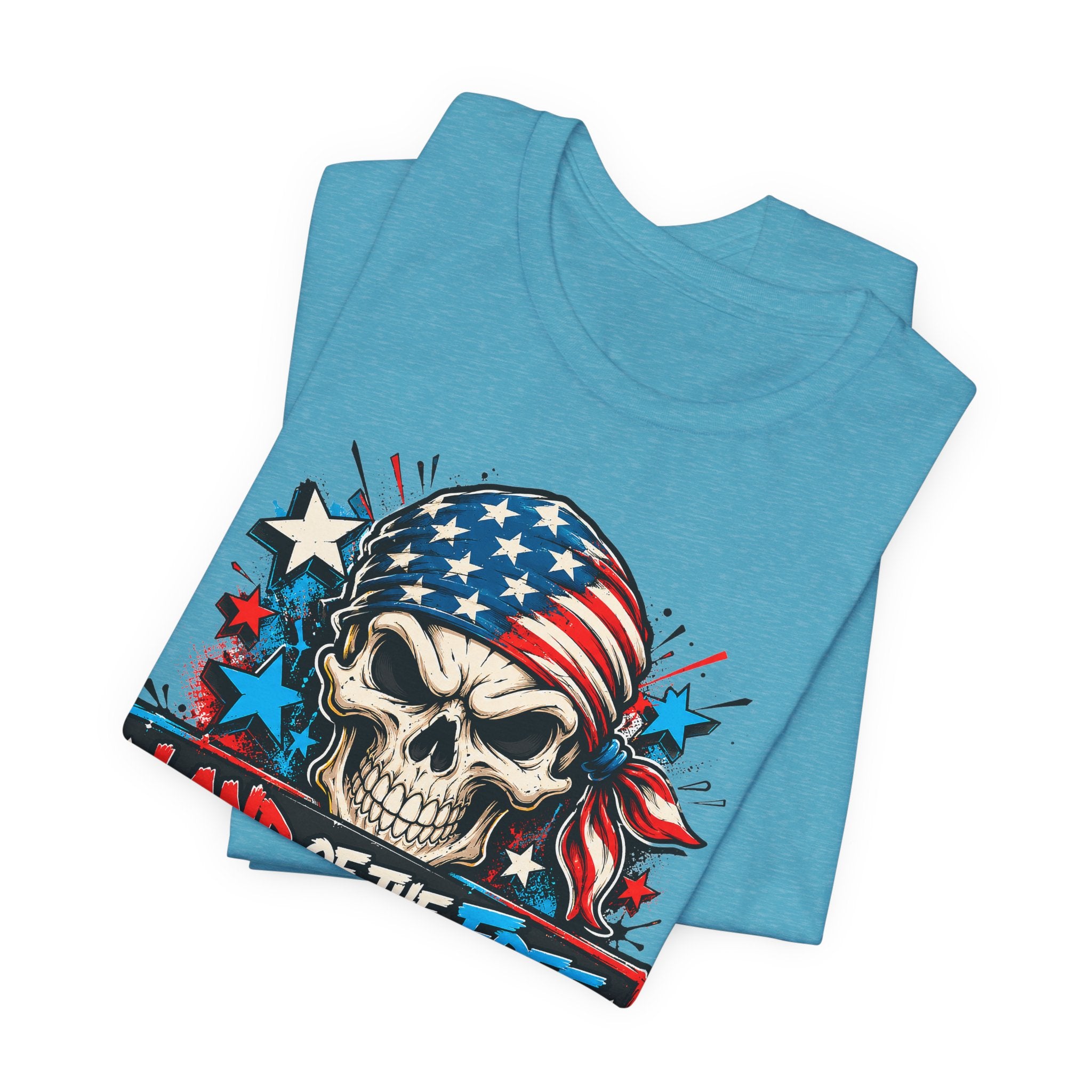 Aqua crew-neck T-shirt with patriotic skull graphic and stars on front.