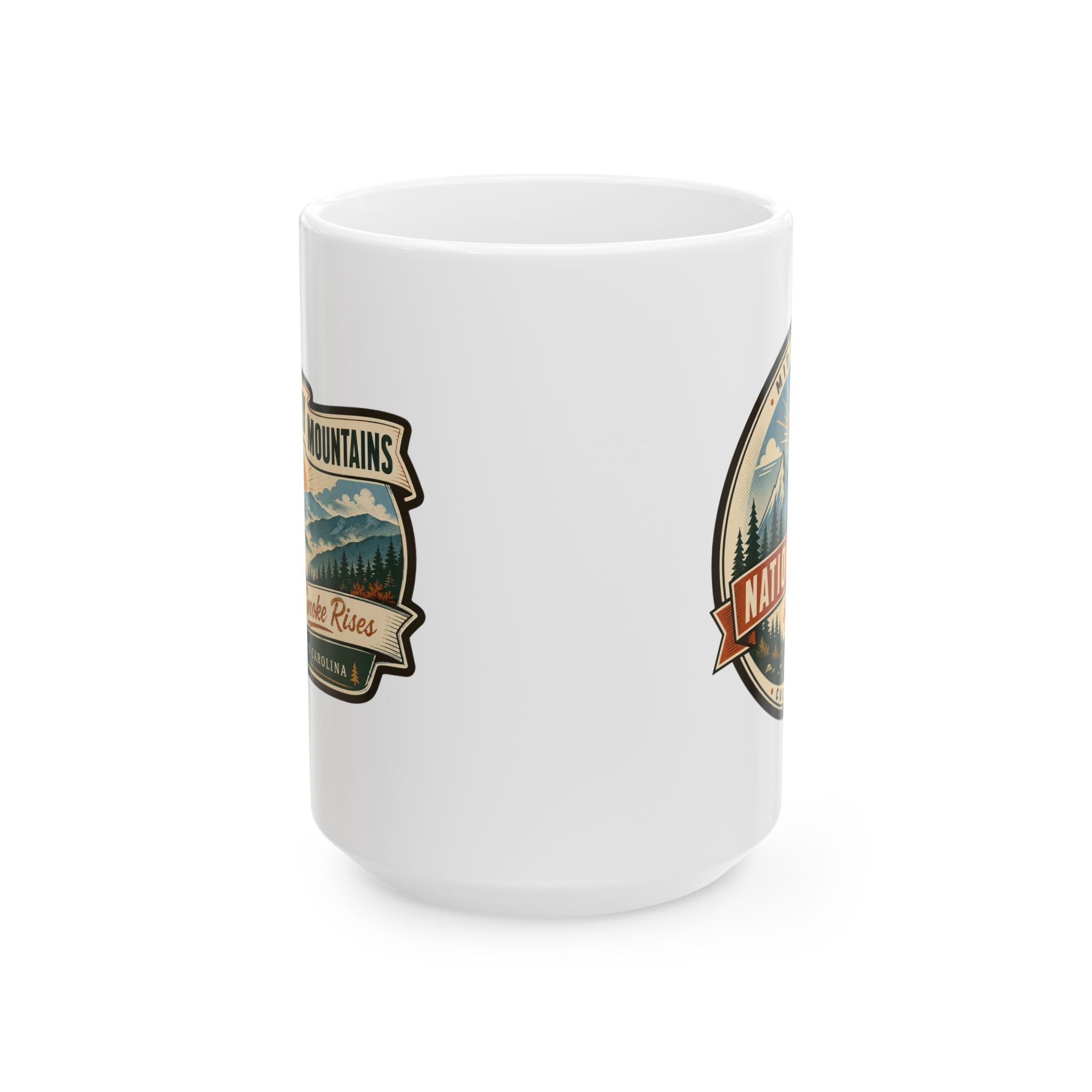White ceramic travel mug, side badge with mountain landscape and ribbon label
