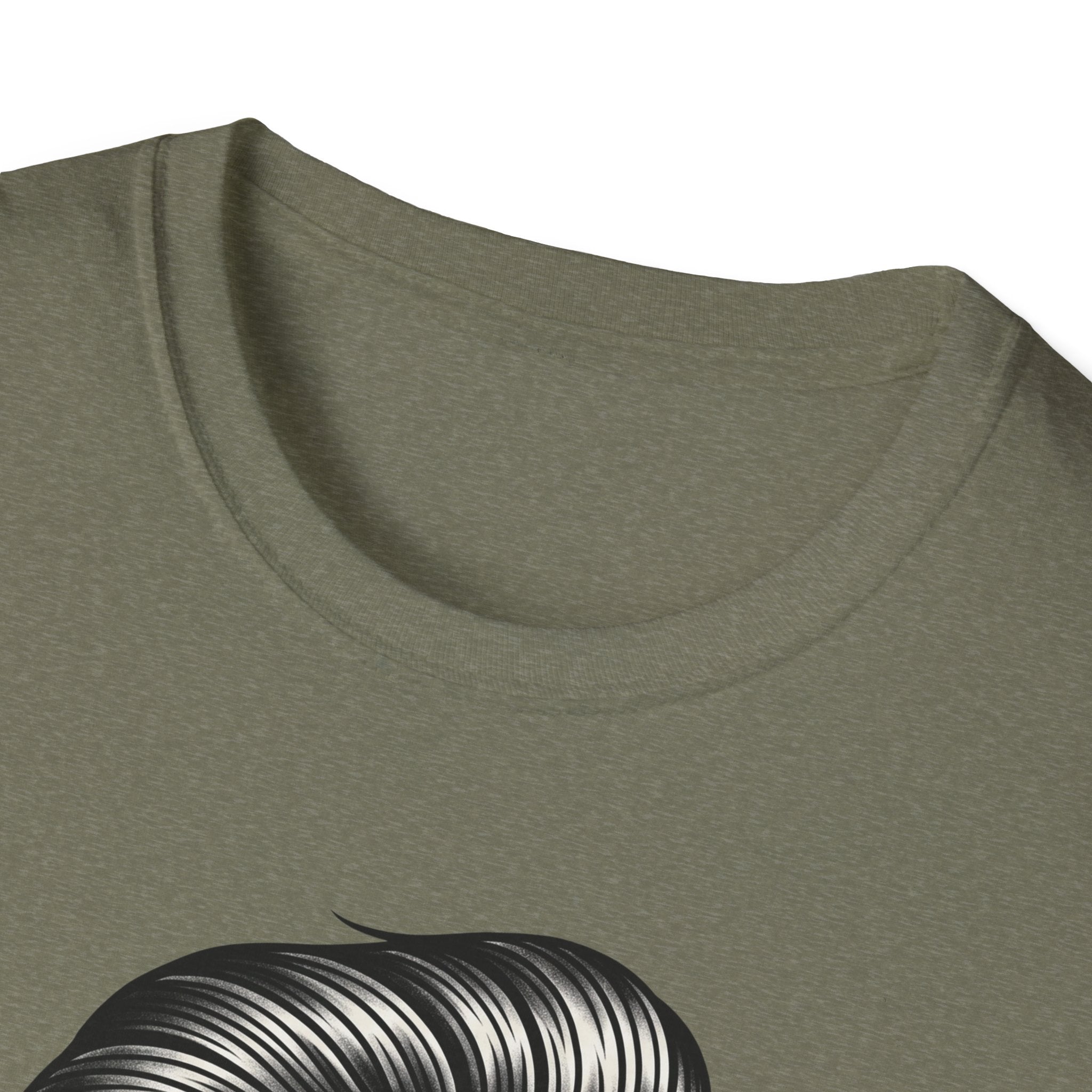 Heather military green Rockabilly Rebel T-Shirt neckline with skull hair graphic