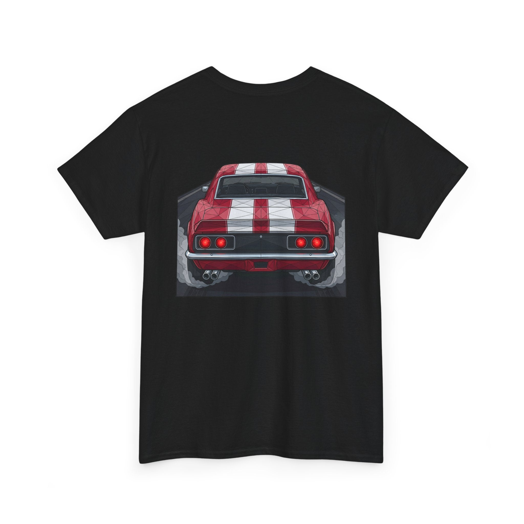 Black crew-neck tee with red vintage car rear graphic centered