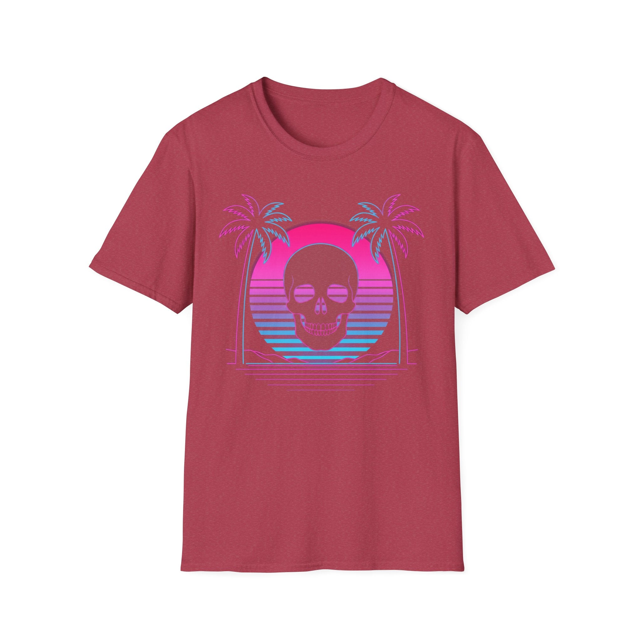 Maroon T-shirt with vaporwave skull graphic, palm trees and sunset arch design