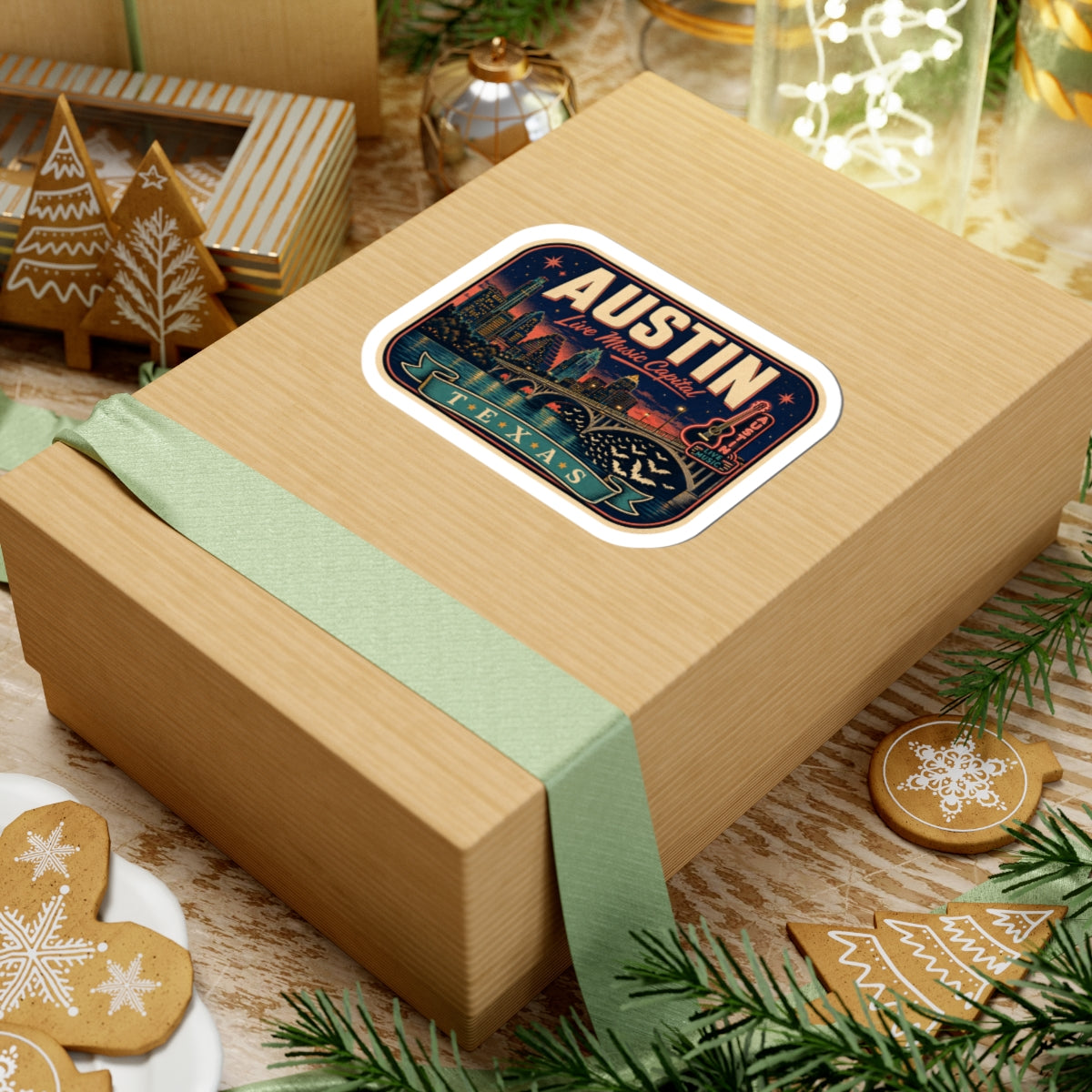 Austin luggage tag sticker on gift box lid, “Texas” banner and city skyline