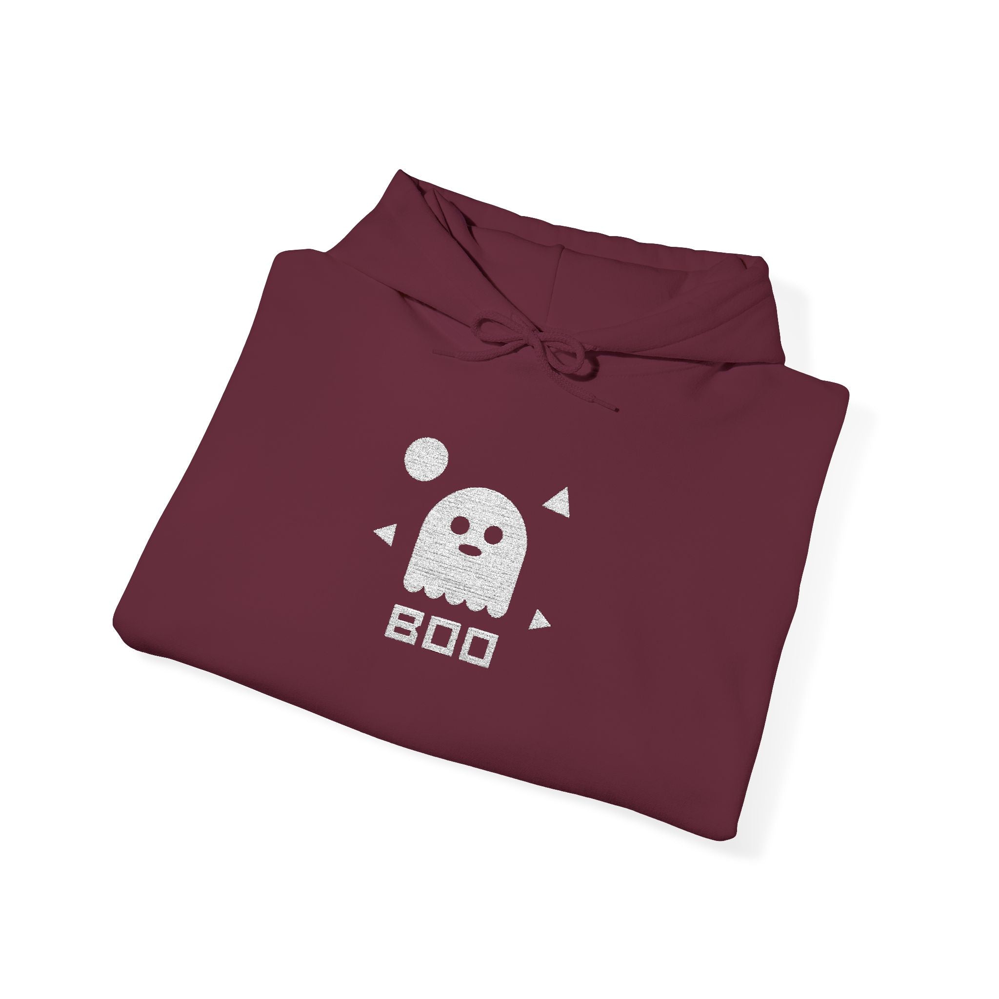 Unisex maroon folded hoodie with boo ghost graphic